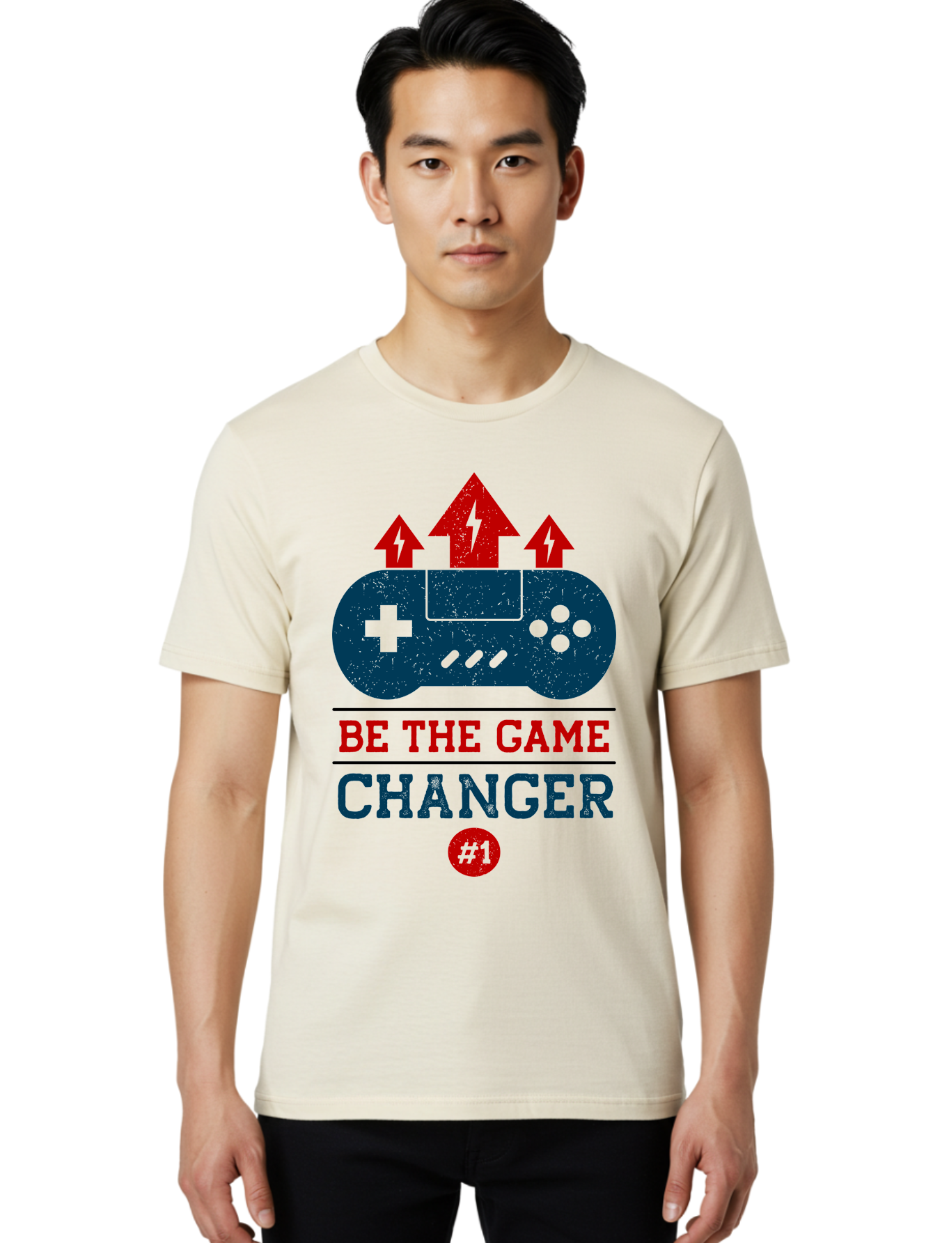 Be-The-Game-Changer Men'S Graphic Tee, 100% Cotton, Comfortable Casual Summer Wear, Machine Washable, Gaming Inspiration, Motivational Quote, Game Changer, Video Game Controller, Red And Blue Colors, Arrows Pointing Up, Positive Energy, -  Aaa620