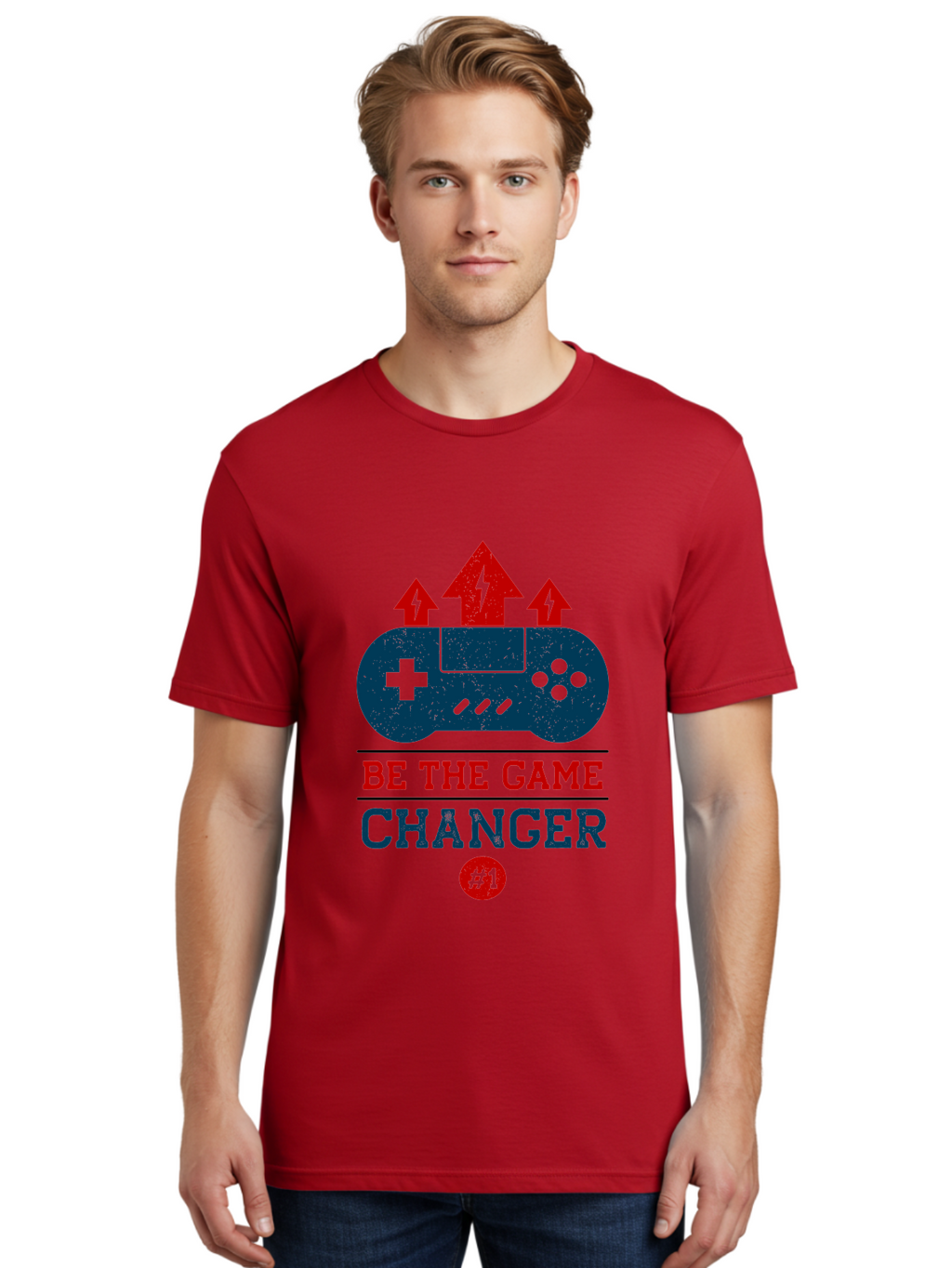 Be-The-Game-Changer Men'S Graphic Tee, 100% Cotton, Comfortable Casual Summer Wear, Machine Washable, Gaming Inspiration, Motivational Quote, Game Changer, Video Game Controller, Red And Blue Colors, Arrows Pointing Up, Positive Energy, -  Aaa620
