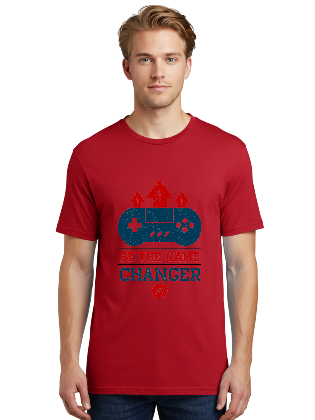 Be-The-Game-Changer Men'S Graphic Tee, 100% Cotton, Comfortable Casual Summer Wear, Machine Washable, Gaming Inspiration, Motivational Quote, Game Changer, Video Game Controller, Red And Blue Colors, Arrows Pointing Up, Positive Energy, -  Aaa620