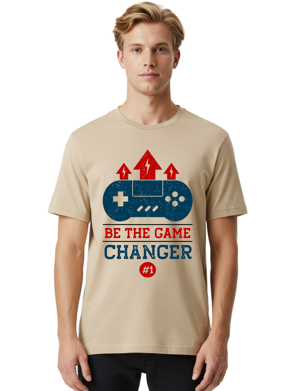 Be-The-Game-Changer Men'S Graphic Tee, 100% Cotton, Comfortable Casual Summer Wear, Machine Washable, Gaming Inspiration, Motivational Quote, Game Changer, Video Game Controller, Red And Blue Colors, Arrows Pointing Up, Positive Energy, -  Aaa620