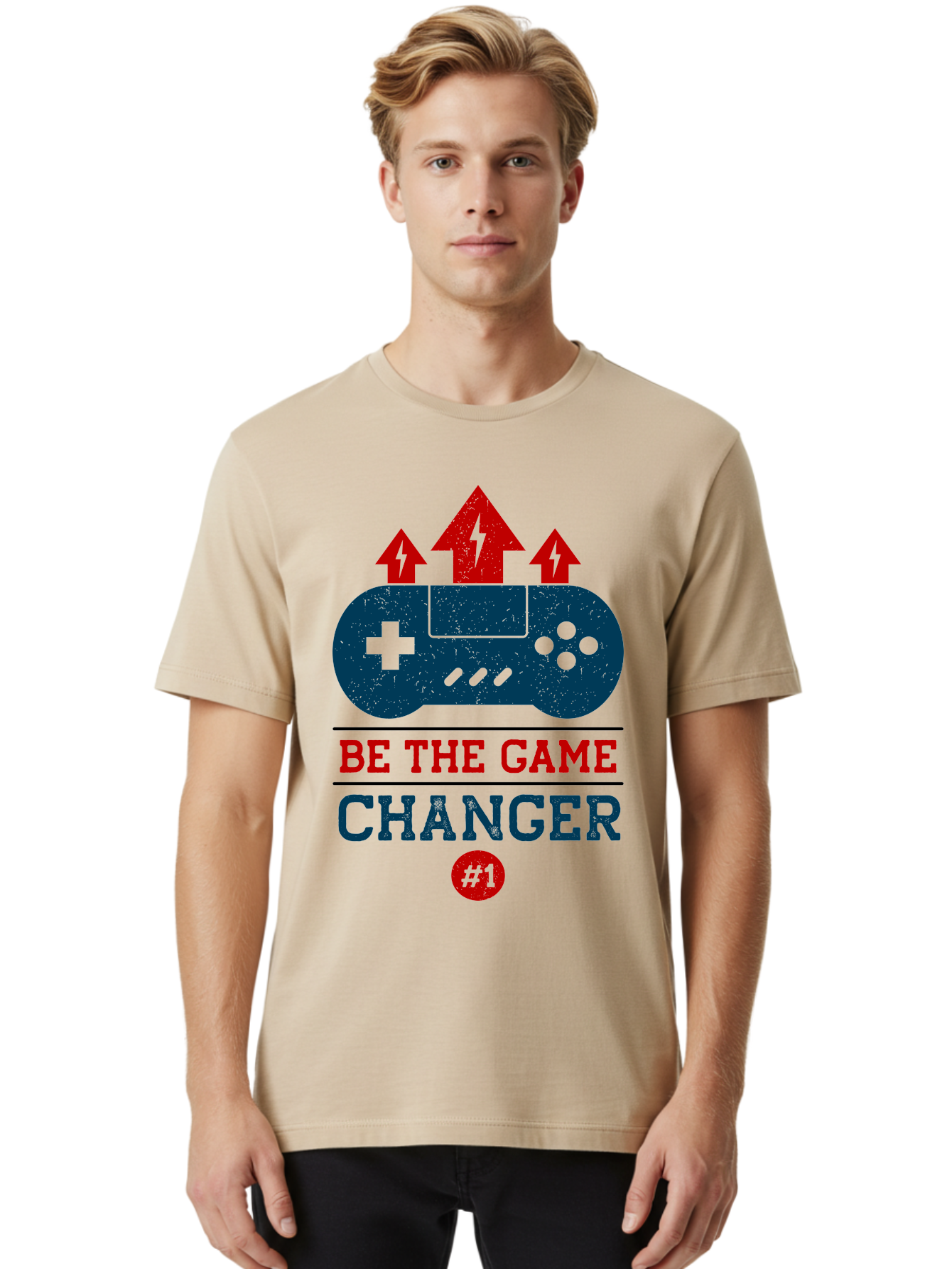 Be-The-Game-Changer Men'S Graphic Tee, 100% Cotton, Comfortable Casual Summer Wear, Machine Washable, Gaming Inspiration, Motivational Quote, Game Changer, Video Game Controller, Red And Blue Colors, Arrows Pointing Up, Positive Energy, -  Aaa620