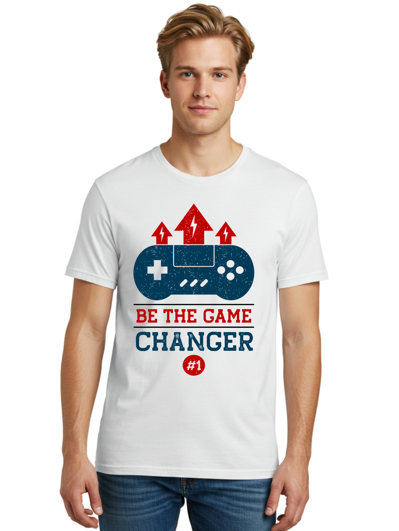 Be-The-Game-Changer Men'S Graphic Tee, 100% Cotton, Comfortable Casual Summer Wear, Machine Washable, Gaming Inspiration, Motivational Quote, Game Changer, Video Game Controller, Red And Blue Colors, Arrows Pointing Up, Positive Energy, -  Aaa620