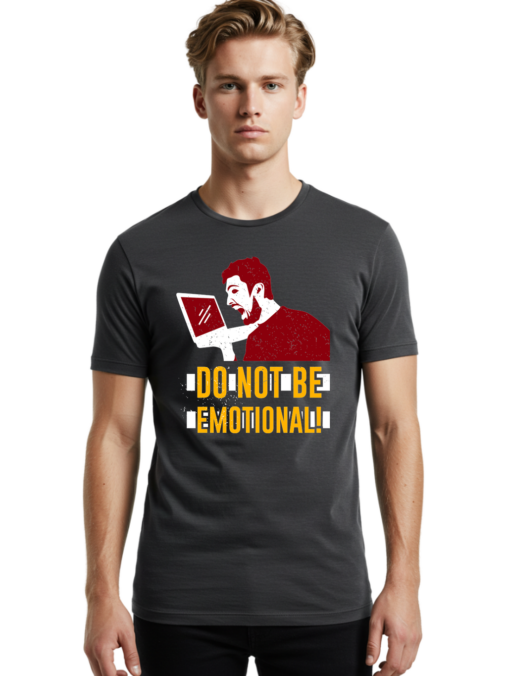 Do-Not-Be-Emotional Men'S Graphic Tee, 100% Cotton, Comfortable Casual Summer Wear, Machine Washable, Man Using Laptop, Shocked Expression, Emotional Response, Warning Message, Motivational Quote, Self-Control Reminder, Online Interaction -  Aaa622