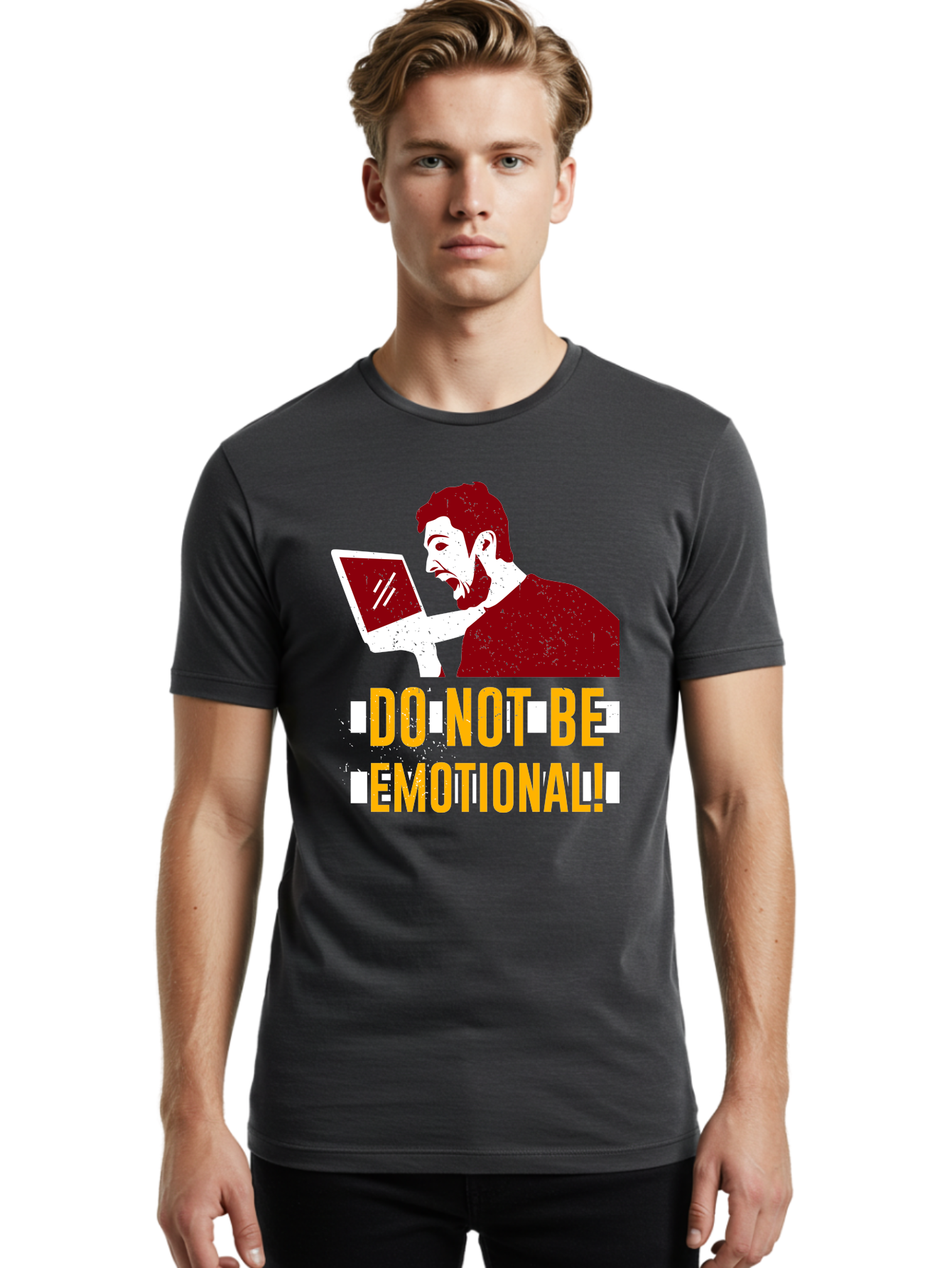 Do-Not-Be-Emotional Men'S Graphic Tee, 100% Cotton, Comfortable Casual Summer Wear, Machine Washable, Man Using Laptop, Shocked Expression, Emotional Response, Warning Message, Motivational Quote, Self-Control Reminder, Online Interaction -  Aaa622