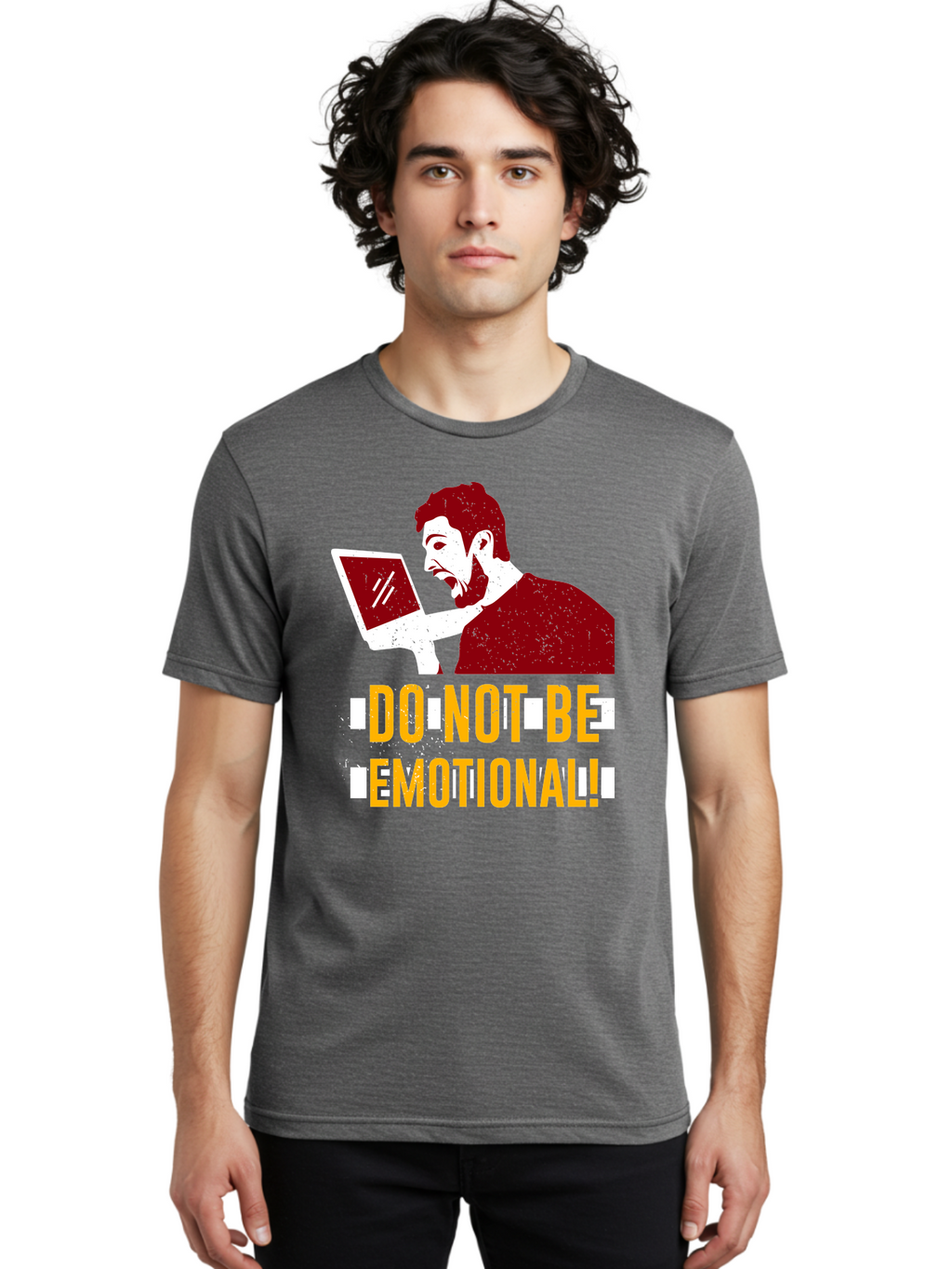 Do-Not-Be-Emotional Men'S Graphic Tee, 100% Cotton, Comfortable Casual Summer Wear, Machine Washable, Man Using Laptop, Shocked Expression, Emotional Response, Warning Message, Motivational Quote, Self-Control Reminder, Online Interaction -  Aaa622