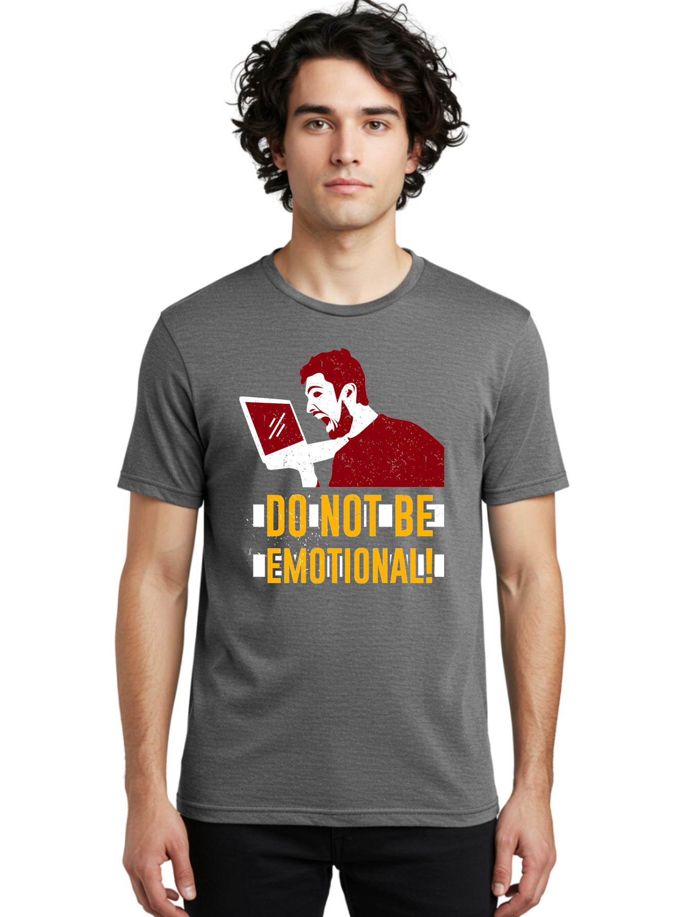 Do-Not-Be-Emotional Men'S Graphic Tee, 100% Cotton, Comfortable Casual Summer Wear, Machine Washable, Man Using Laptop, Shocked Expression, Emotional Response, Warning Message, Motivational Quote, Self-Control Reminder, Online Interaction -  Aaa622