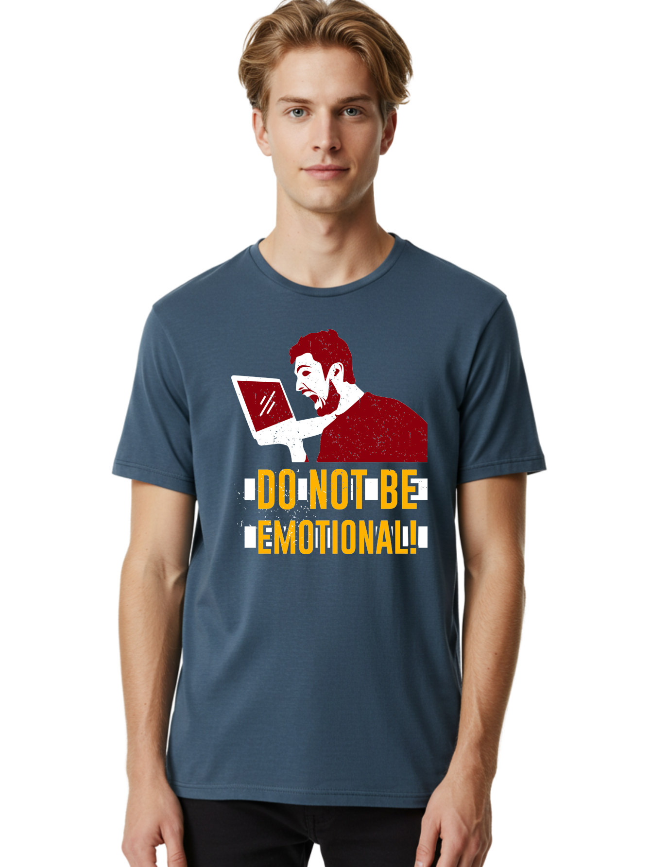 Do-Not-Be-Emotional Men'S Graphic Tee, 100% Cotton, Comfortable Casual Summer Wear, Machine Washable, Man Using Laptop, Shocked Expression, Emotional Response, Warning Message, Motivational Quote, Self-Control Reminder, Online Interaction -  Aaa622