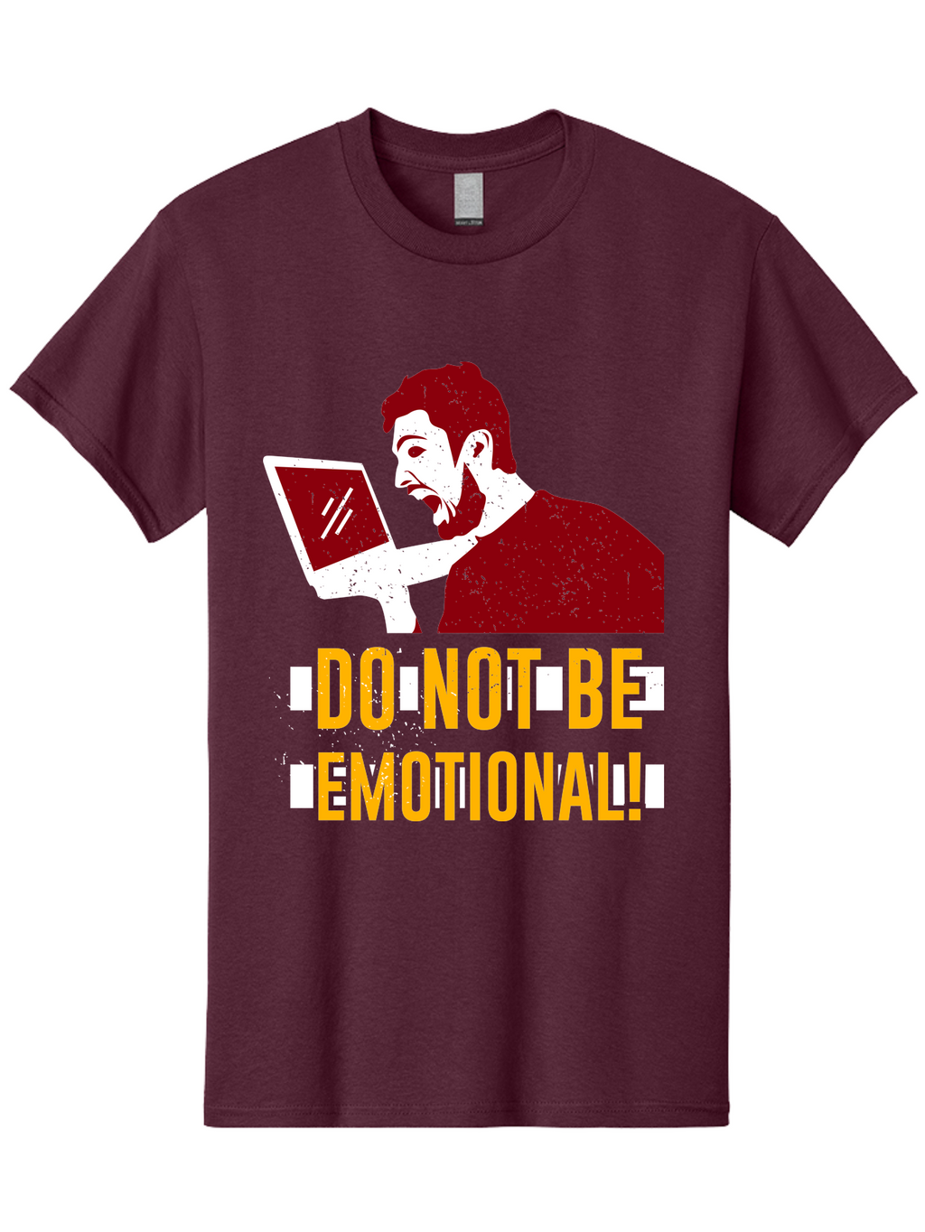 Do-Not-Be-Emotional Men'S Graphic Tee, 100% Cotton, Comfortable Casual Summer Wear, Machine Washable, Man Using Laptop, Shocked Expression, Emotional Response, Warning Message, Motivational Quote, Self-Control Reminder, Online Interaction -  Aaa622
