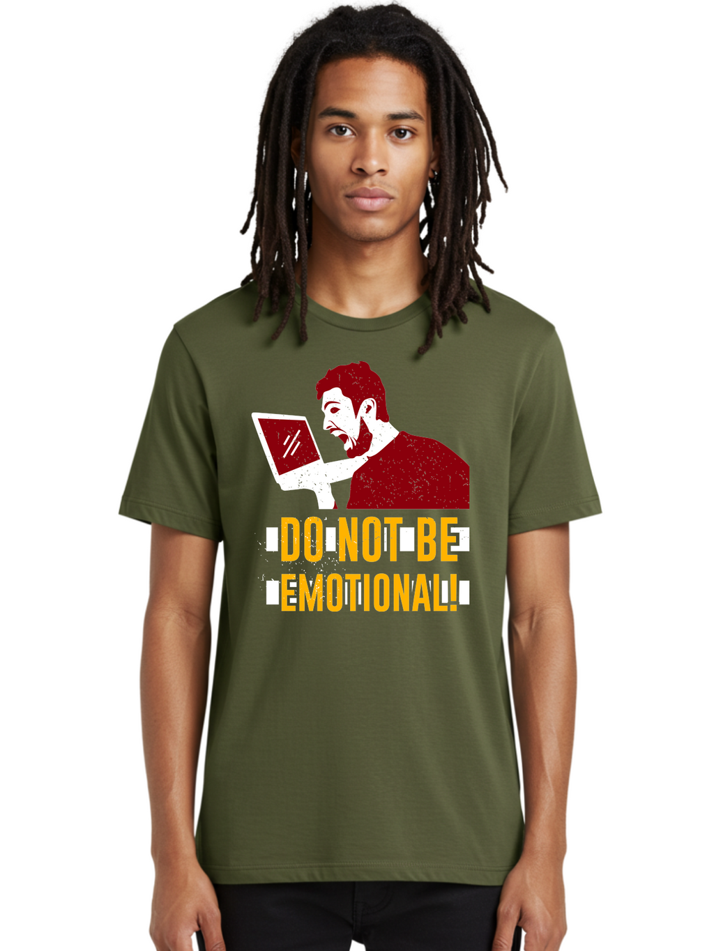 Do-Not-Be-Emotional Men'S Graphic Tee, 100% Cotton, Comfortable Casual Summer Wear, Machine Washable, Man Using Laptop, Shocked Expression, Emotional Response, Warning Message, Motivational Quote, Self-Control Reminder, Online Interaction -  Aaa622