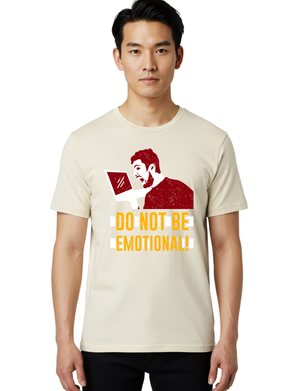 Do-Not-Be-Emotional Men'S Graphic Tee, 100% Cotton, Comfortable Casual Summer Wear, Machine Washable, Man Using Laptop, Shocked Expression, Emotional Response, Warning Message, Motivational Quote, Self-Control Reminder, Online Interaction -  Aaa622