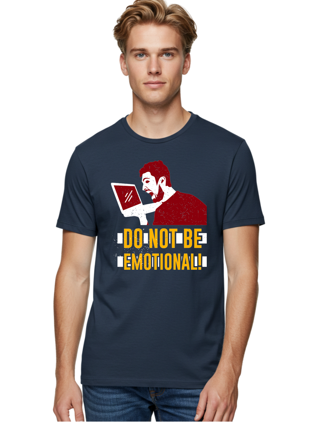 Do-Not-Be-Emotional Men'S Graphic Tee, 100% Cotton, Comfortable Casual Summer Wear, Machine Washable, Man Using Laptop, Shocked Expression, Emotional Response, Warning Message, Motivational Quote, Self-Control Reminder, Online Interaction -  Aaa622