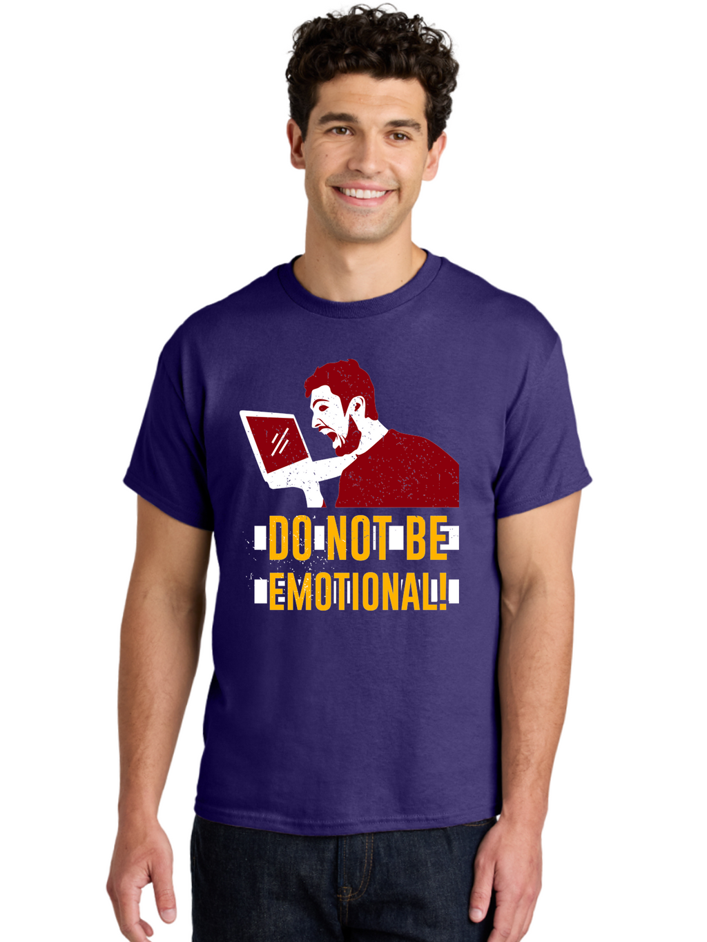 Do-Not-Be-Emotional Men'S Graphic Tee, 100% Cotton, Comfortable Casual Summer Wear, Machine Washable, Man Using Laptop, Shocked Expression, Emotional Response, Warning Message, Motivational Quote, Self-Control Reminder, Online Interaction -  Aaa622