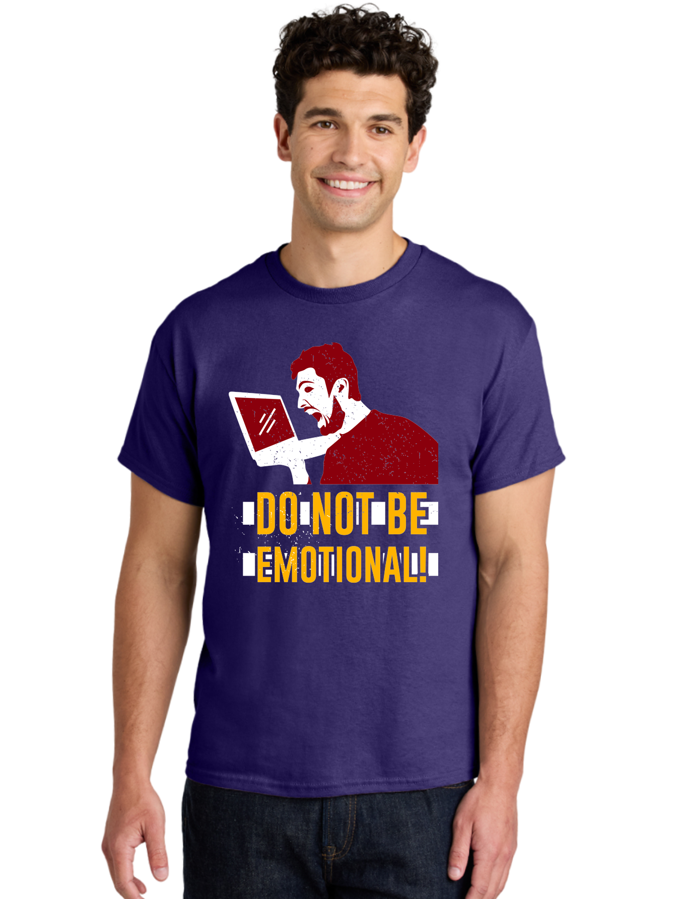 Do-Not-Be-Emotional Men'S Graphic Tee, 100% Cotton, Comfortable Casual Summer Wear, Machine Washable, Man Using Laptop, Shocked Expression, Emotional Response, Warning Message, Motivational Quote, Self-Control Reminder, Online Interaction -  Aaa622