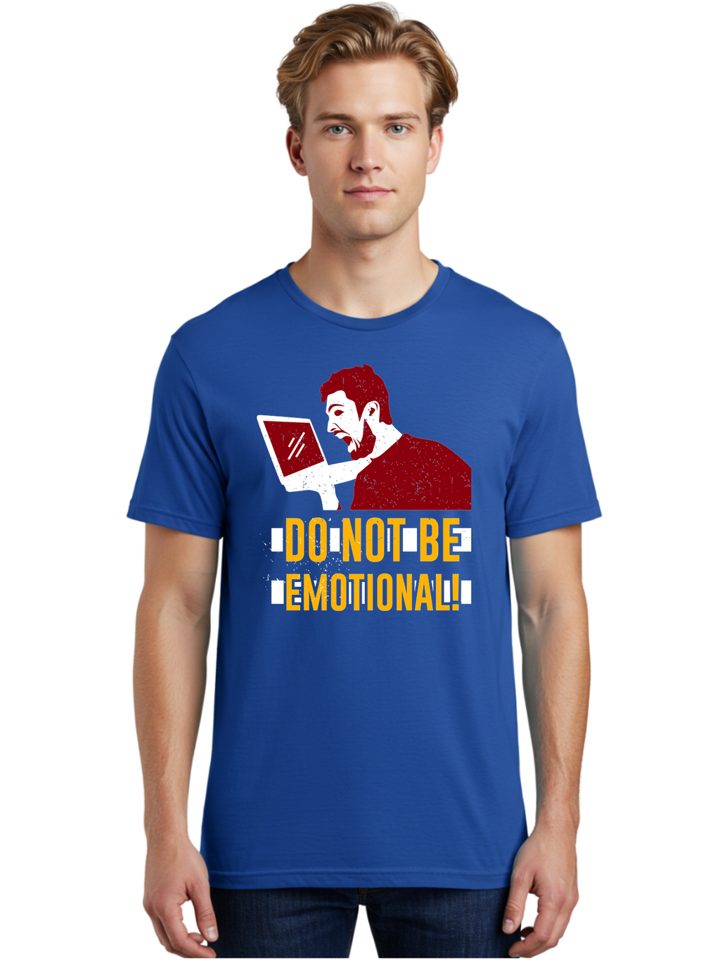 Do-Not-Be-Emotional Men'S Graphic Tee, 100% Cotton, Comfortable Casual Summer Wear, Machine Washable, Man Using Laptop, Shocked Expression, Emotional Response, Warning Message, Motivational Quote, Self-Control Reminder, Online Interaction -  Aaa622