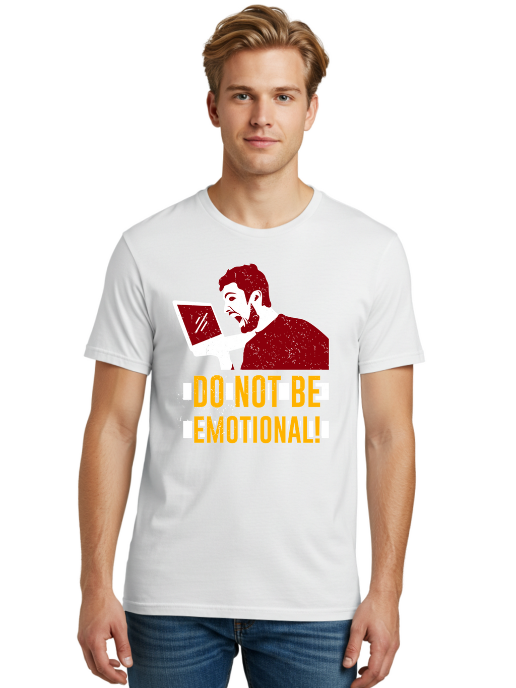 Do-Not-Be-Emotional Men'S Graphic Tee, 100% Cotton, Comfortable Casual Summer Wear, Machine Washable, Man Using Laptop, Shocked Expression, Emotional Response, Warning Message, Motivational Quote, Self-Control Reminder, Online Interaction -  Aaa622
