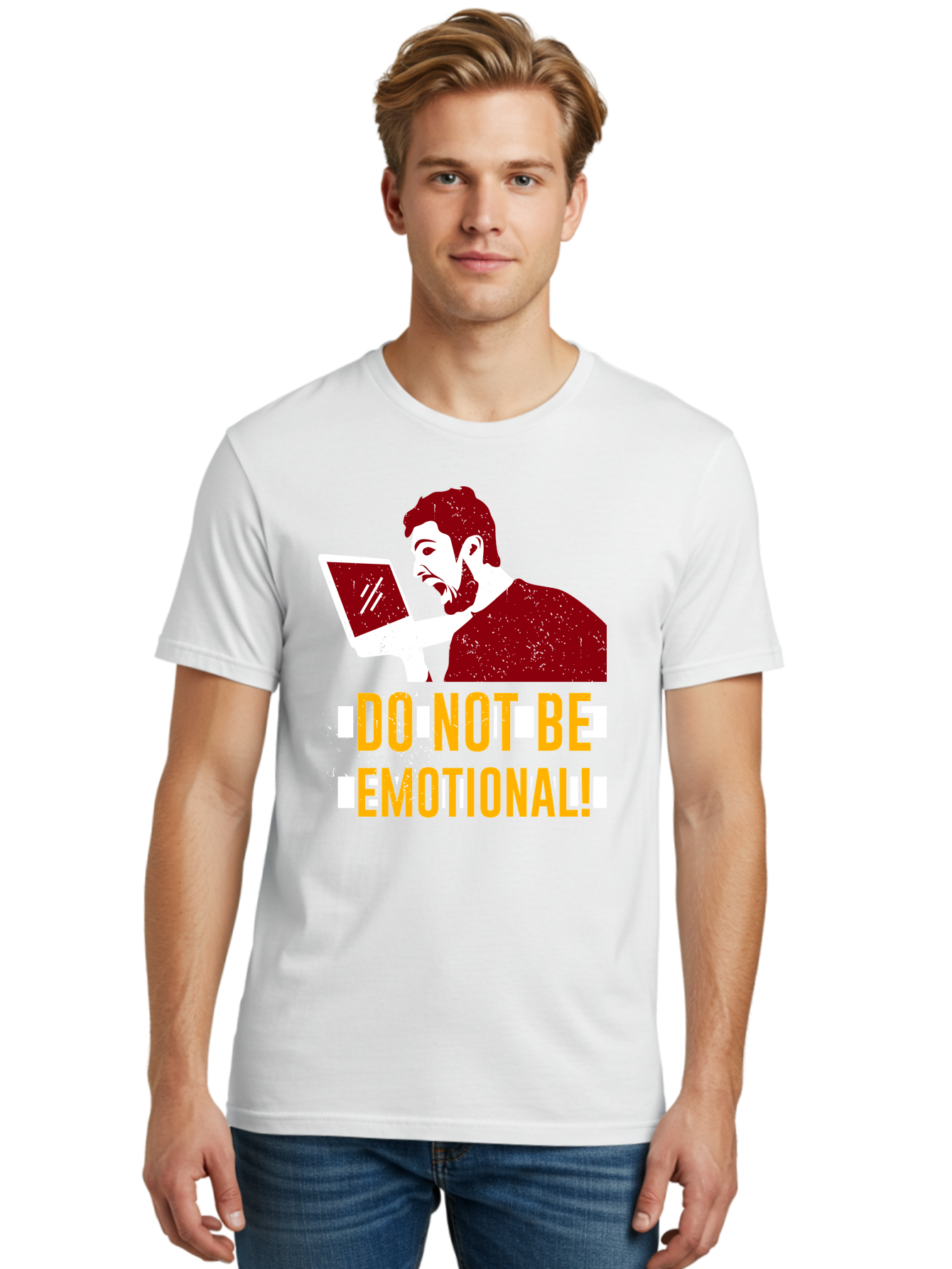 Do-Not-Be-Emotional Men'S Graphic Tee, 100% Cotton, Comfortable Casual Summer Wear, Machine Washable, Man Using Laptop, Shocked Expression, Emotional Response, Warning Message, Motivational Quote, Self-Control Reminder, Online Interaction -  Aaa622