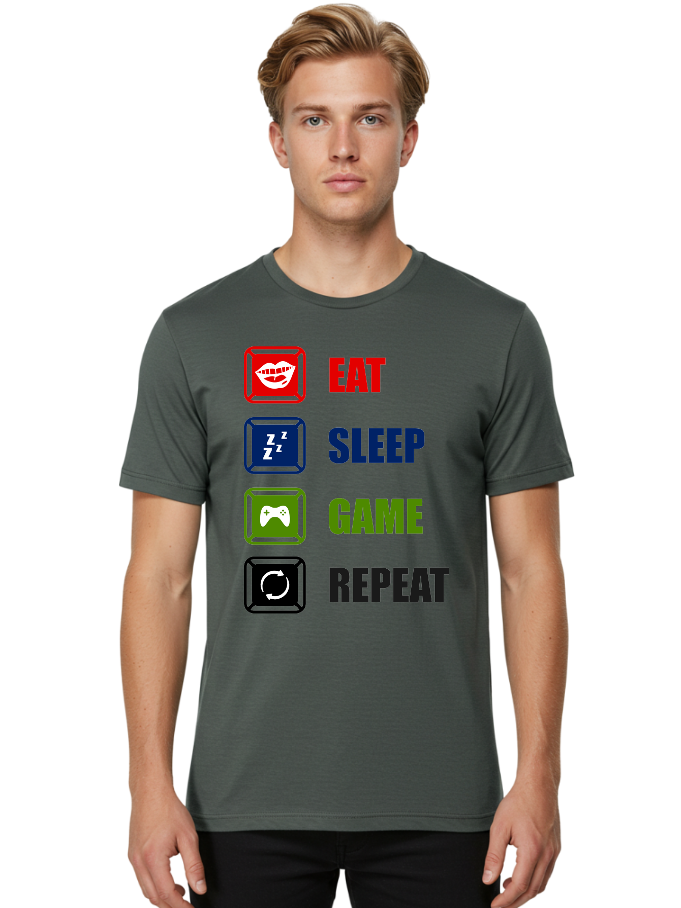 Eat-Sleep-Game-Repeat Men'S Graphic Tee, 100% Cotton, Comfortable Casual Summer Wear, Machine Washable, Gamer Lifestyle, Video Game Culture, Gaming Habits, Eat, Sleep, Game, Repeat, Gaming Community, Gamer Life -  Aaa626
