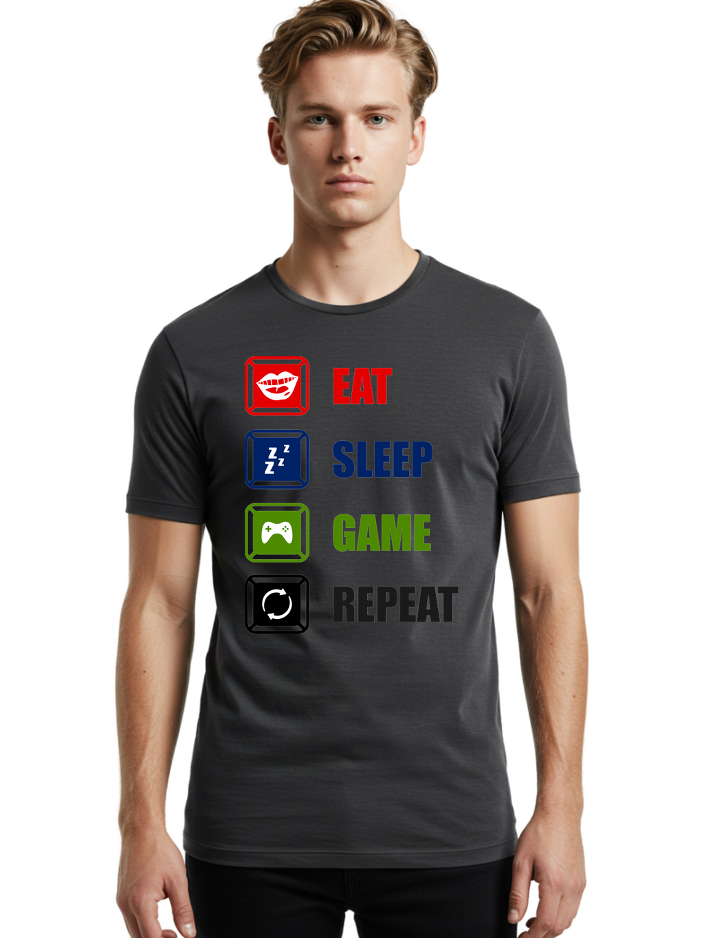 Eat-Sleep-Game-Repeat Men'S Graphic Tee, 100% Cotton, Comfortable Casual Summer Wear, Machine Washable, Gamer Lifestyle, Video Game Culture, Gaming Habits, Eat, Sleep, Game, Repeat, Gaming Community, Gamer Life -  Aaa626