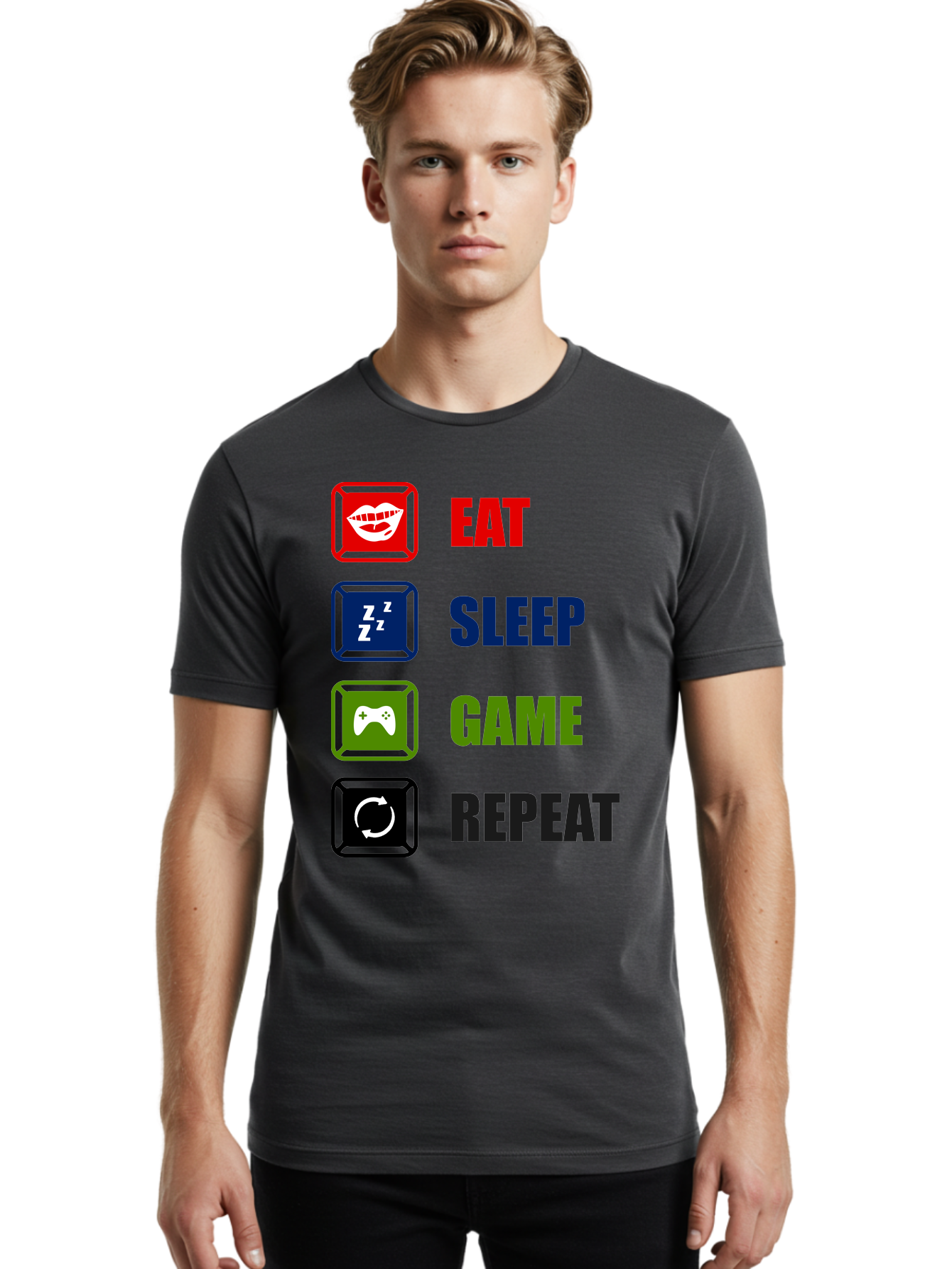 Eat-Sleep-Game-Repeat Men'S Graphic Tee, 100% Cotton, Comfortable Casual Summer Wear, Machine Washable, Gamer Lifestyle, Video Game Culture, Gaming Habits, Eat, Sleep, Game, Repeat, Gaming Community, Gamer Life -  Aaa626