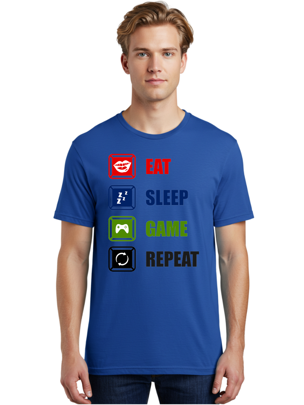 Eat-Sleep-Game-Repeat Men'S Graphic Tee, 100% Cotton, Comfortable Casual Summer Wear, Machine Washable, Gamer Lifestyle, Video Game Culture, Gaming Habits, Eat, Sleep, Game, Repeat, Gaming Community, Gamer Life -  Aaa626