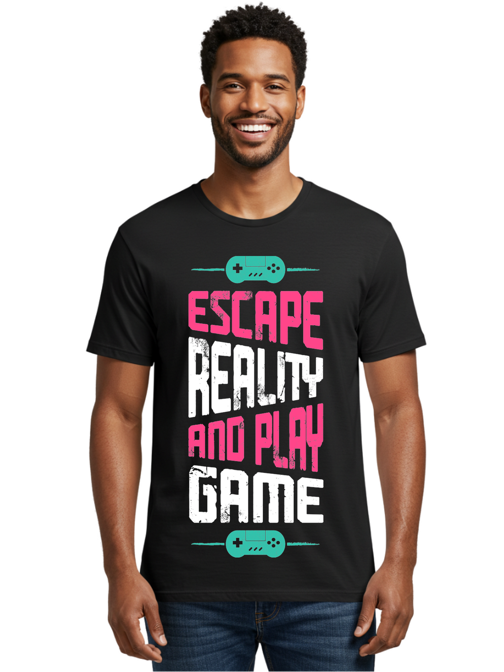 Escape-Reality-And-Play-Game Men'S Graphic Tee, 100% Cotton, Comfortable Casual Summer Wear, Machine Washable, Escape Reality, Play Game, Immersive Gaming Experience, Escape Room Theme, Gaming Advertisement, Interactive Entertainment, -  Aaa627