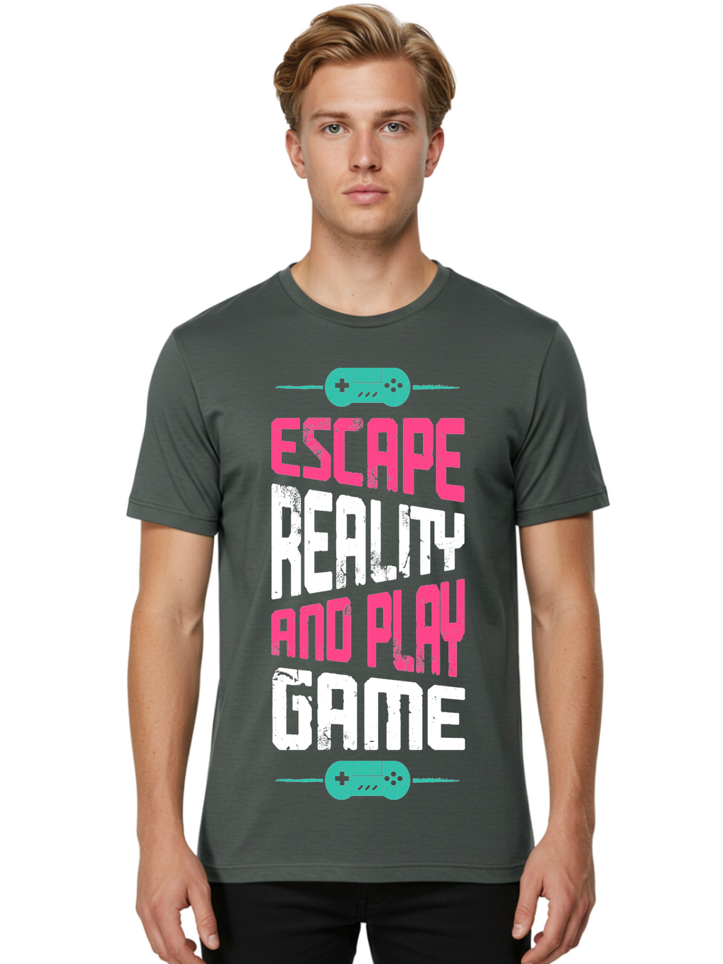 Escape-Reality-And-Play-Game Men'S Graphic Tee, 100% Cotton, Comfortable Casual Summer Wear, Machine Washable, Escape Reality, Play Game, Immersive Gaming Experience, Escape Room Theme, Gaming Advertisement, Interactive Entertainment, -  Aaa627