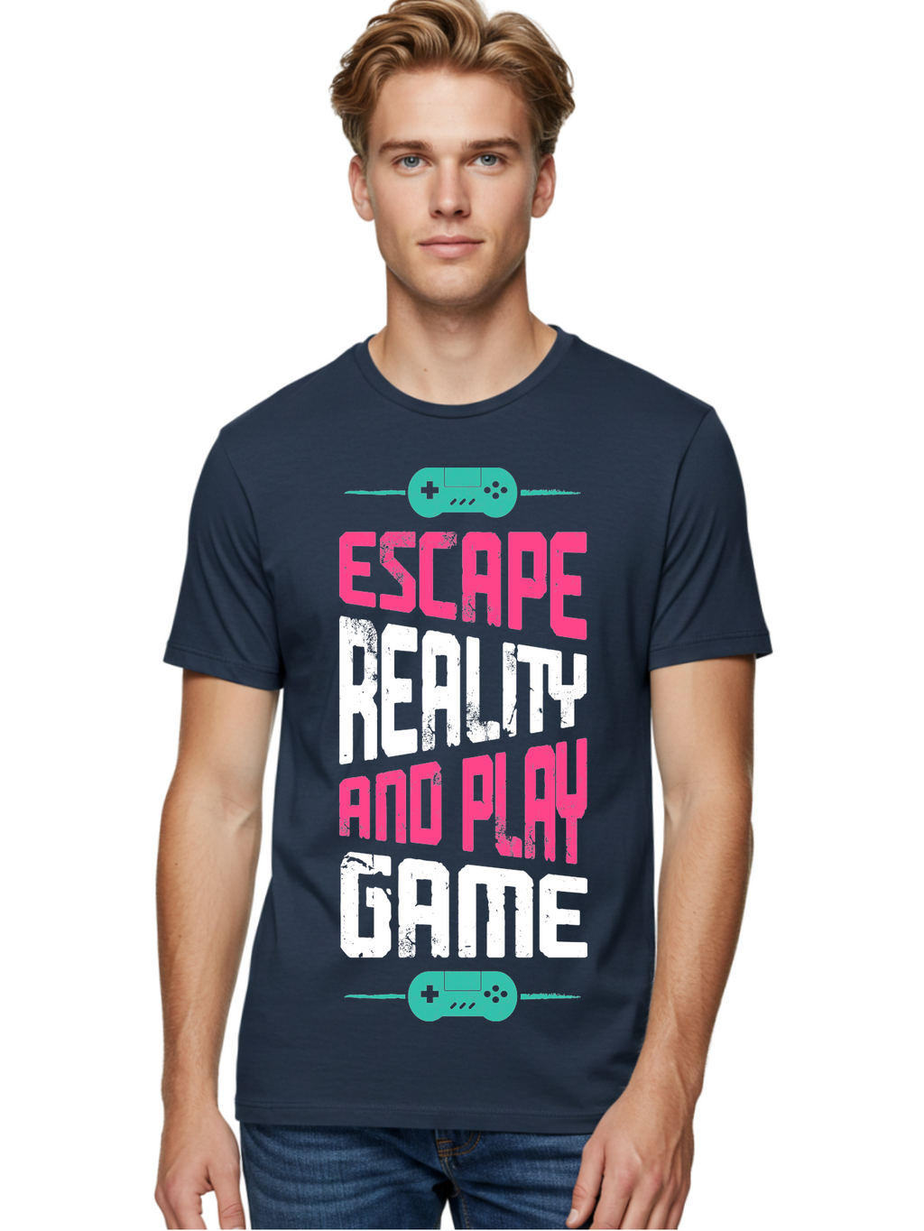 Escape-Reality-And-Play-Game Men'S Graphic Tee, 100% Cotton, Comfortable Casual Summer Wear, Machine Washable, Escape Reality, Play Game, Immersive Gaming Experience, Escape Room Theme, Gaming Advertisement, Interactive Entertainment, -  Aaa627