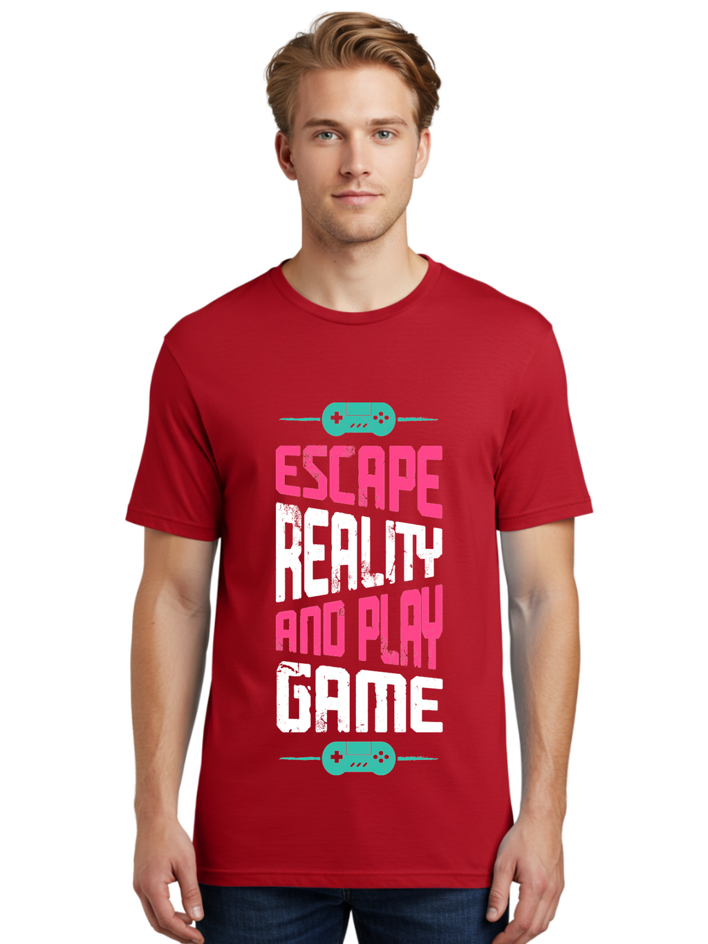 Escape-Reality-And-Play-Game Men'S Graphic Tee, 100% Cotton, Comfortable Casual Summer Wear, Machine Washable, Escape Reality, Play Game, Immersive Gaming Experience, Escape Room Theme, Gaming Advertisement, Interactive Entertainment, -  Aaa627