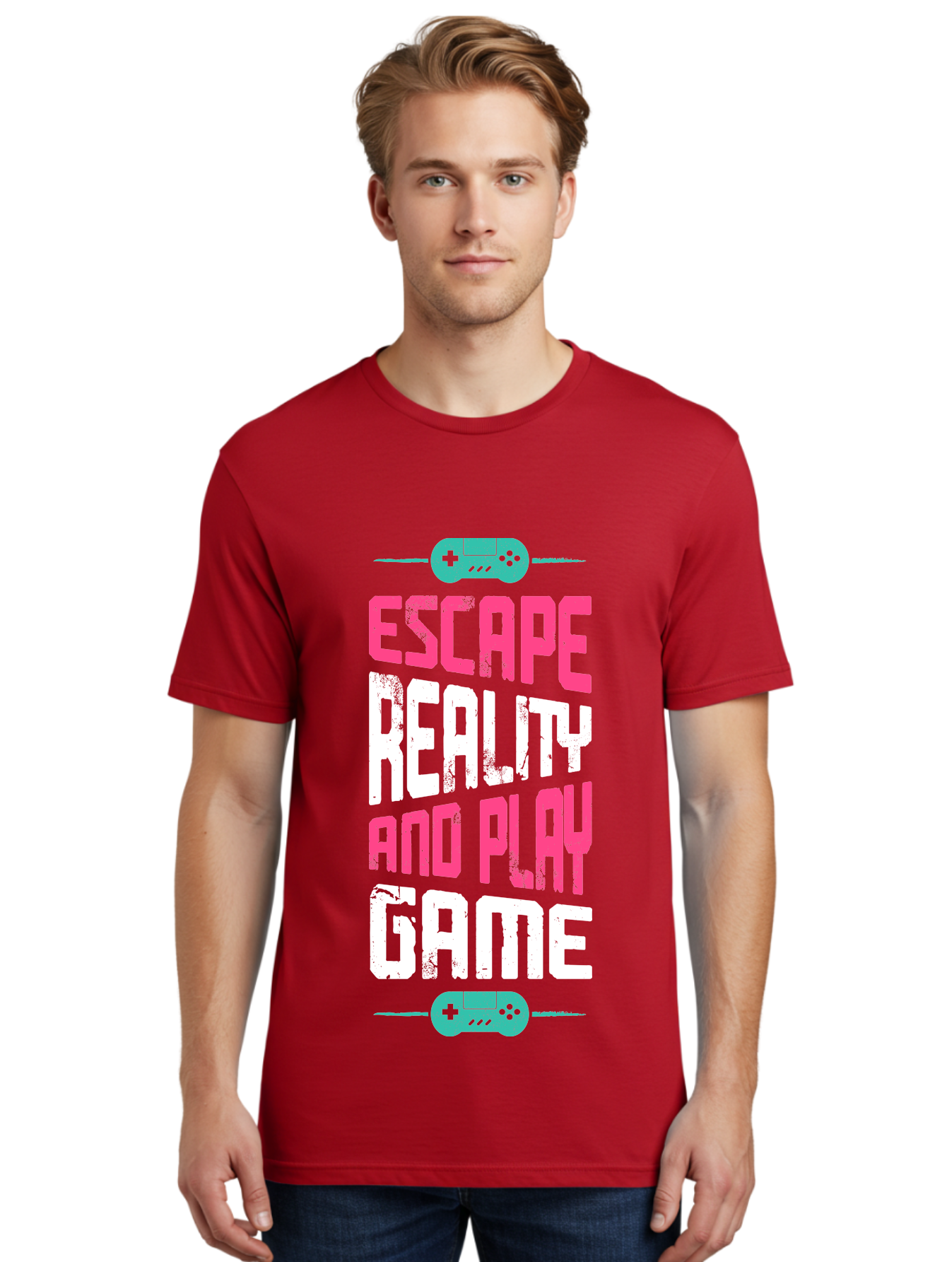 Escape-Reality-And-Play-Game Men'S Graphic Tee, 100% Cotton, Comfortable Casual Summer Wear, Machine Washable, Escape Reality, Play Game, Immersive Gaming Experience, Escape Room Theme, Gaming Advertisement, Interactive Entertainment, -  Aaa627