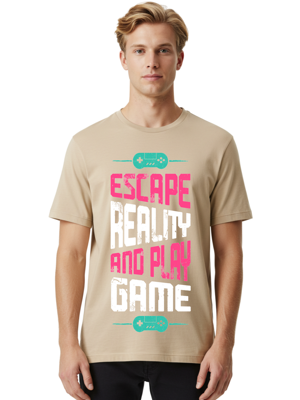 Escape-Reality-And-Play-Game Men'S Graphic Tee, 100% Cotton, Comfortable Casual Summer Wear, Machine Washable, Escape Reality, Play Game, Immersive Gaming Experience, Escape Room Theme, Gaming Advertisement, Interactive Entertainment, -  Aaa627
