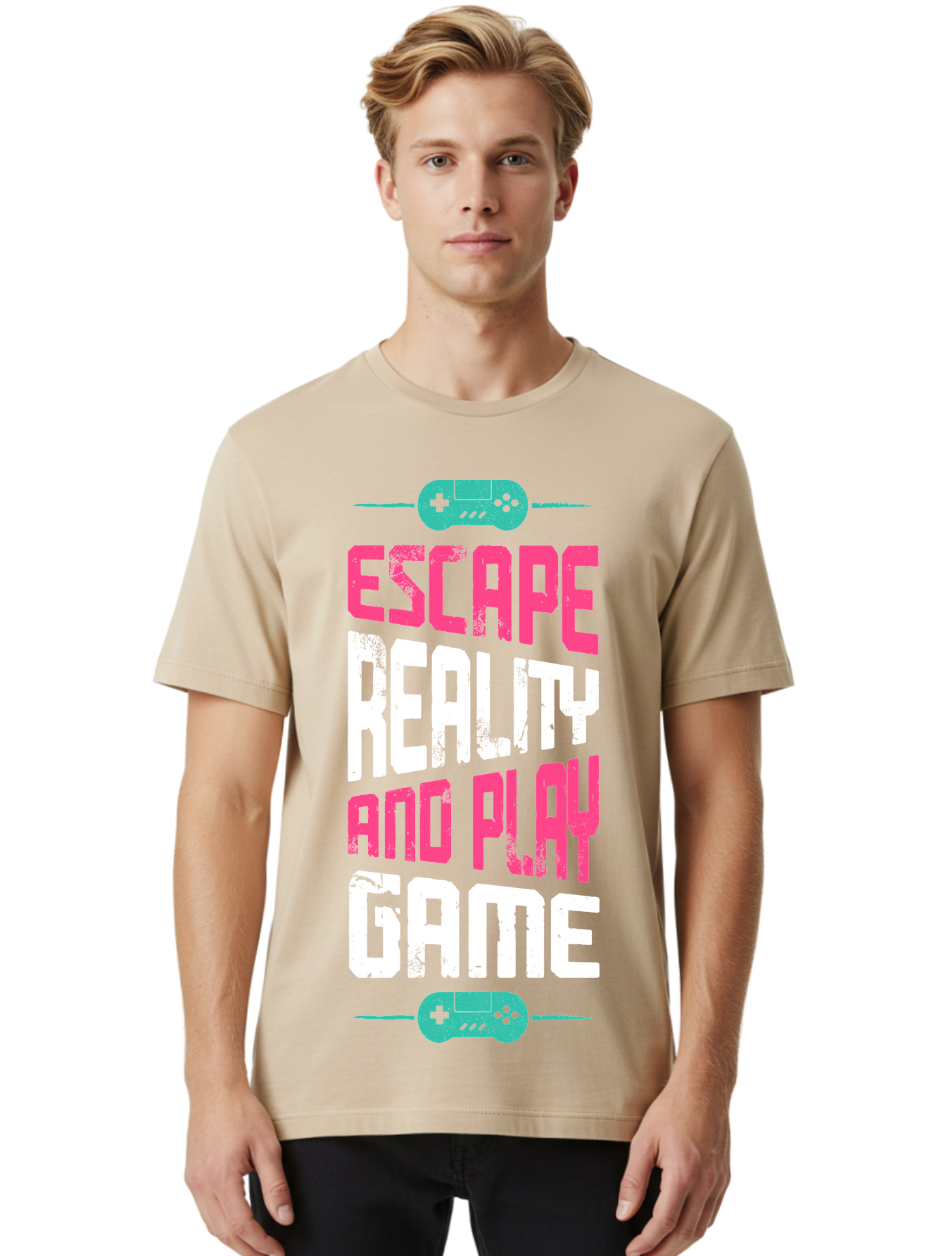 Escape-Reality-And-Play-Game Men'S Graphic Tee, 100% Cotton, Comfortable Casual Summer Wear, Machine Washable, Escape Reality, Play Game, Immersive Gaming Experience, Escape Room Theme, Gaming Advertisement, Interactive Entertainment, -  Aaa627