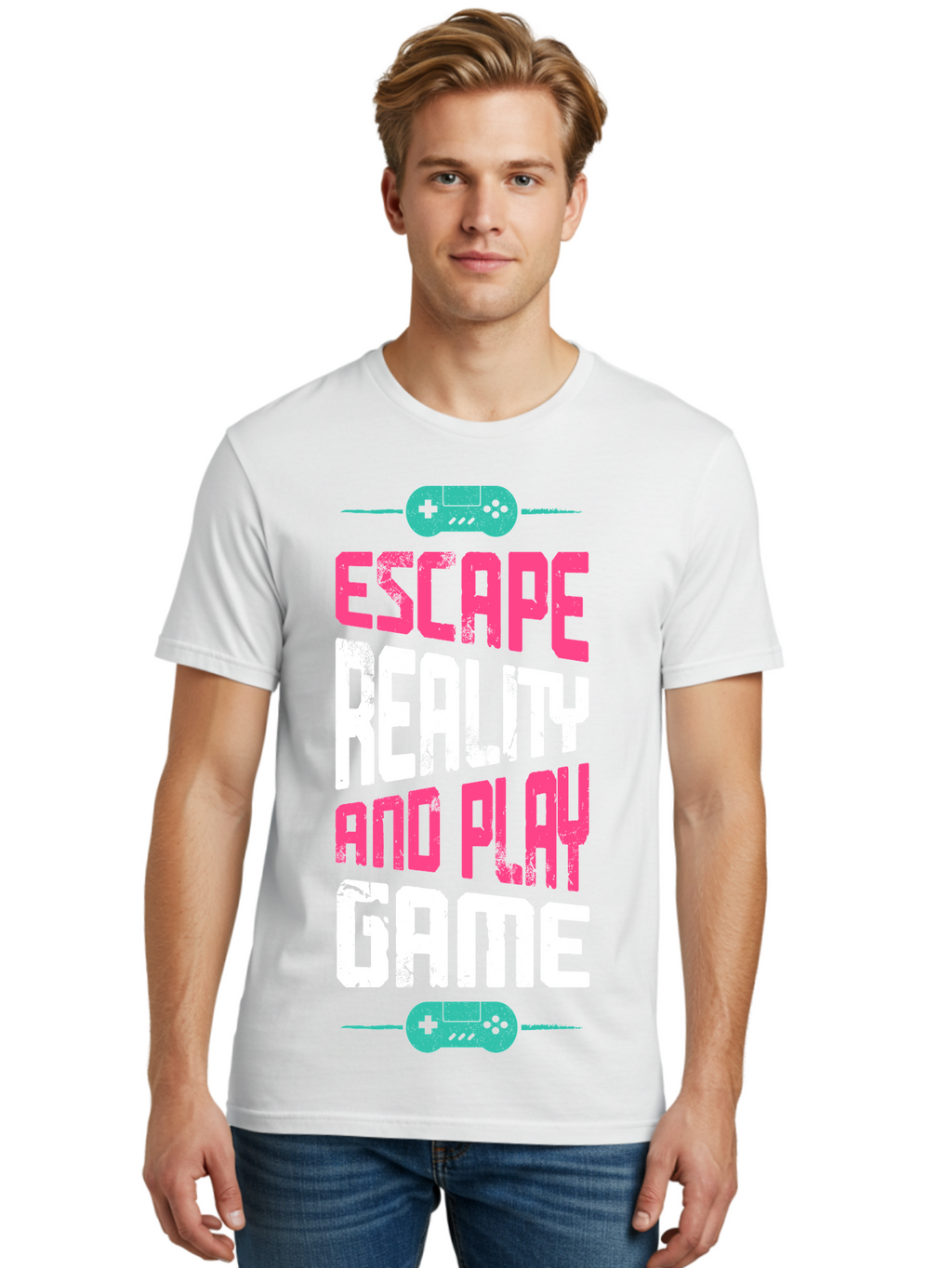 Escape-Reality-And-Play-Game Men'S Graphic Tee, 100% Cotton, Comfortable Casual Summer Wear, Machine Washable, Escape Reality, Play Game, Immersive Gaming Experience, Escape Room Theme, Gaming Advertisement, Interactive Entertainment, -  Aaa627