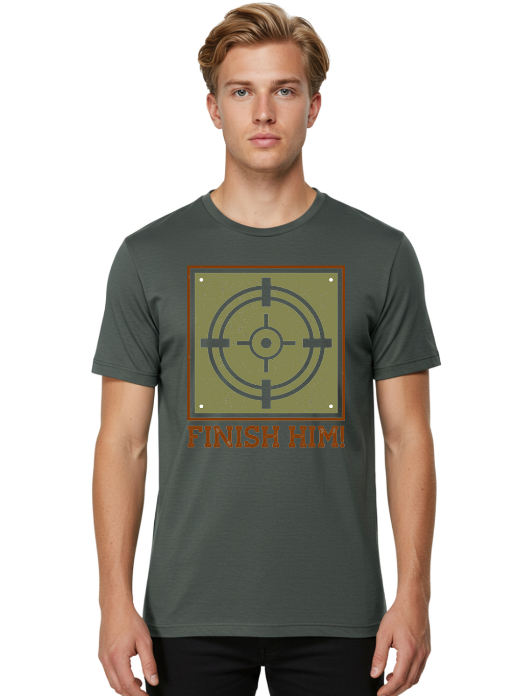 Finish-Him-Target Men'S Graphic Tee, 100% Cotton, Comfortable Casual Summer Wear, Machine Washable, Target Symbol, Bullseye, Combat Graphics, Finishing Move, Video Game Graphics, Intense Action, Fighting Games -  Aaa629