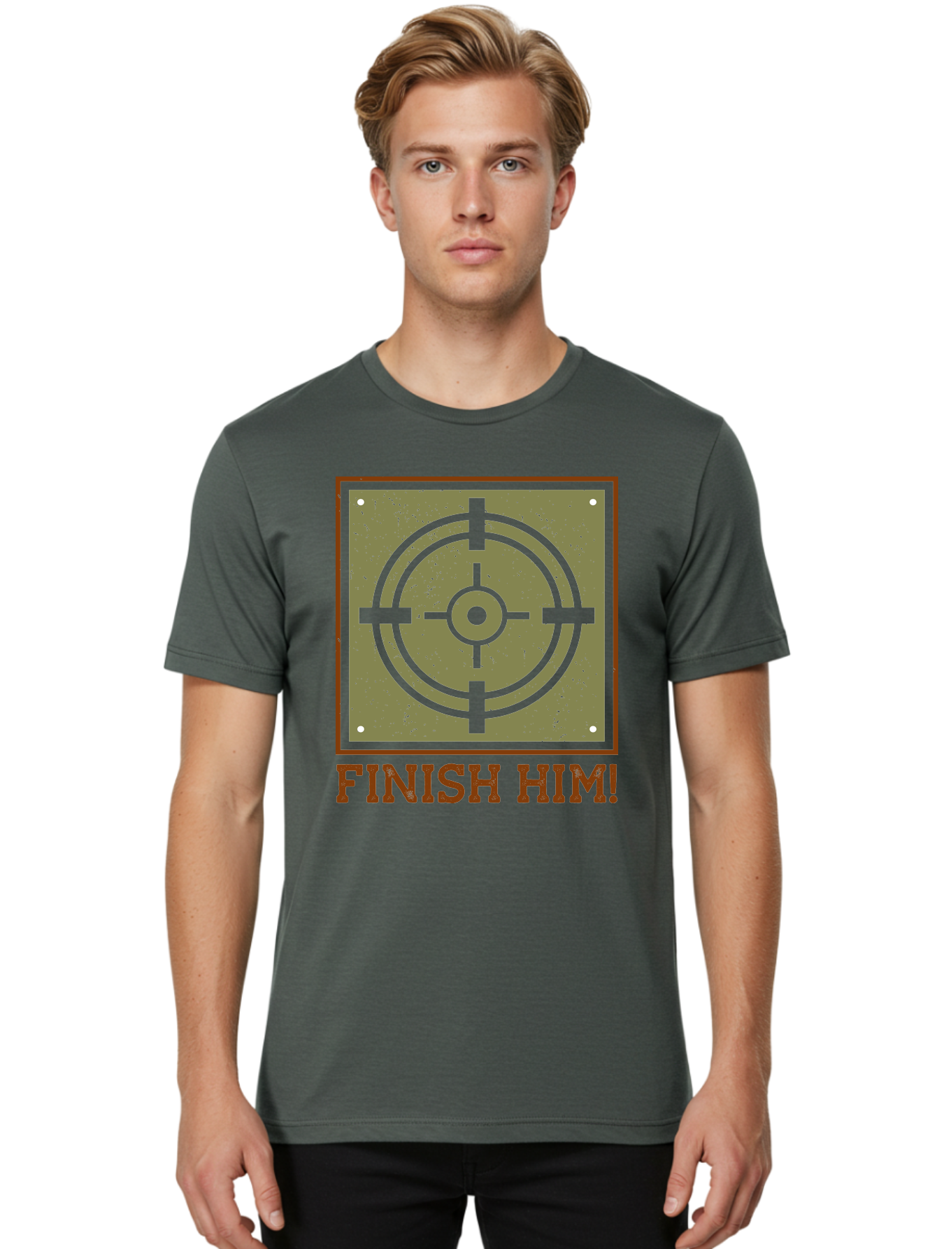 Finish-Him-Target Men'S Graphic Tee, 100% Cotton, Comfortable Casual Summer Wear, Machine Washable, Target Symbol, Bullseye, Combat Graphics, Finishing Move, Video Game Graphics, Intense Action, Fighting Games -  Aaa629