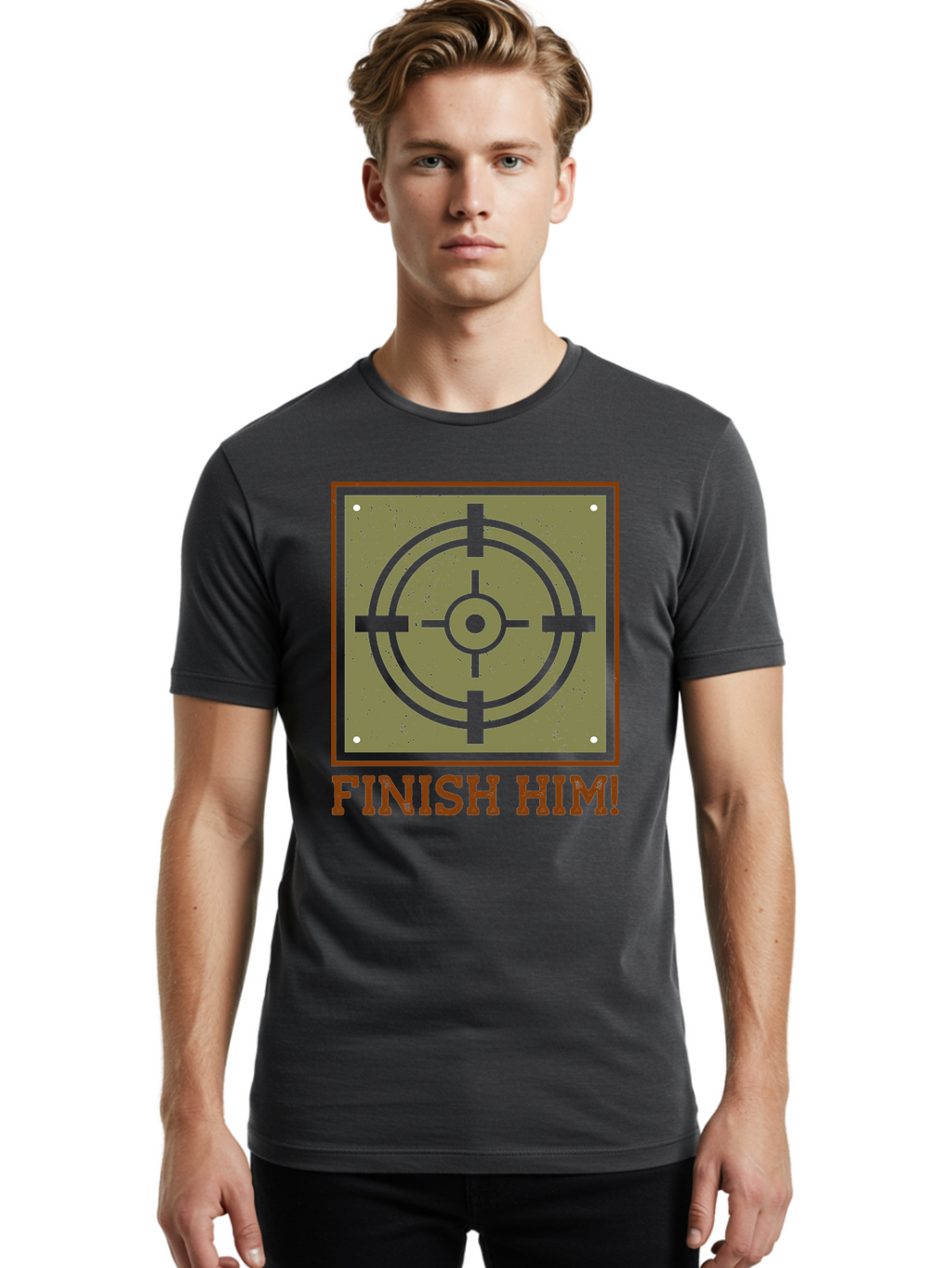 Finish-Him-Target Men'S Graphic Tee, 100% Cotton, Comfortable Casual Summer Wear, Machine Washable, Target Symbol, Bullseye, Combat Graphics, Finishing Move, Video Game Graphics, Intense Action, Fighting Games -  Aaa629