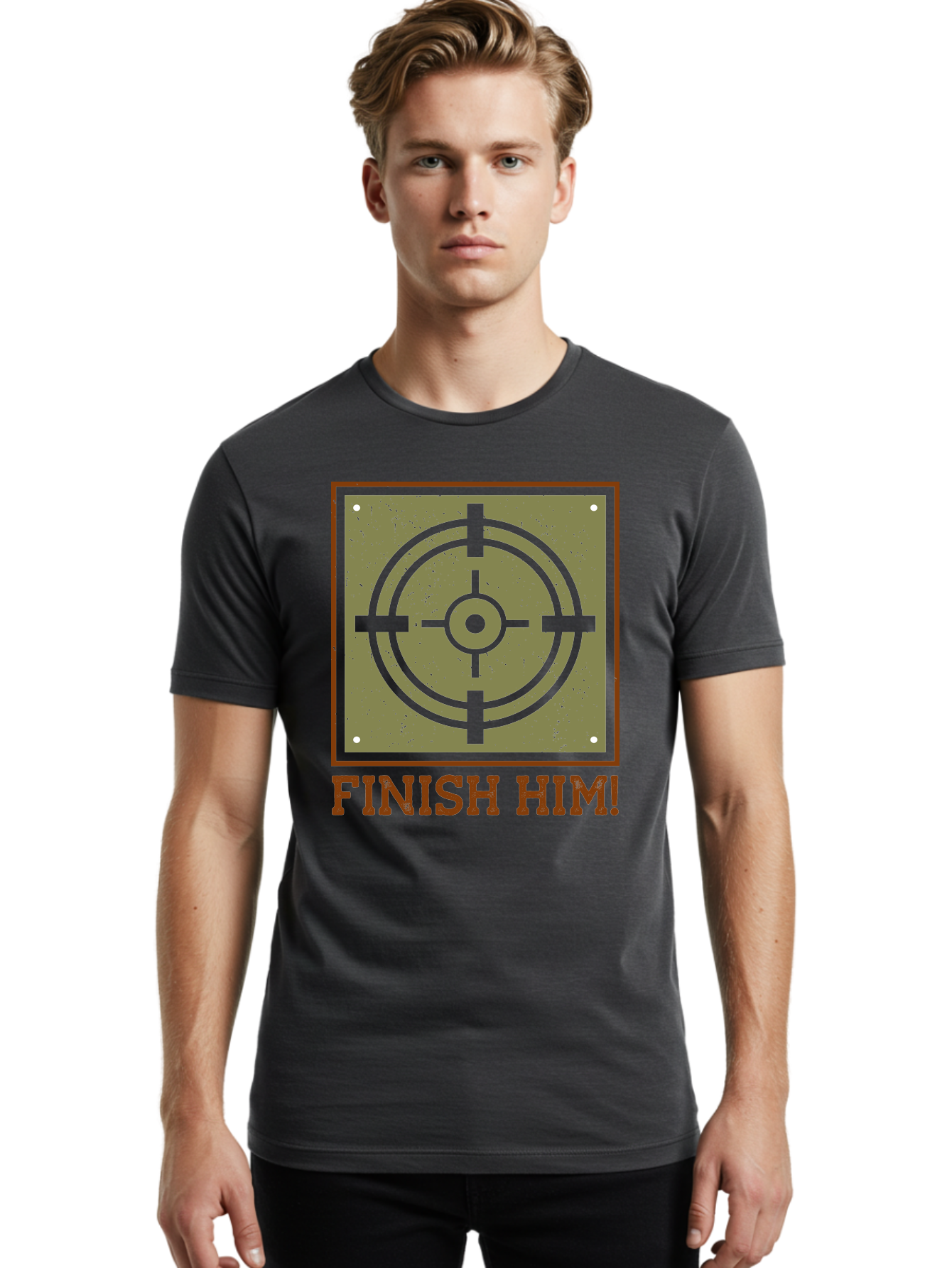 Finish-Him-Target Men'S Graphic Tee, 100% Cotton, Comfortable Casual Summer Wear, Machine Washable, Target Symbol, Bullseye, Combat Graphics, Finishing Move, Video Game Graphics, Intense Action, Fighting Games -  Aaa629