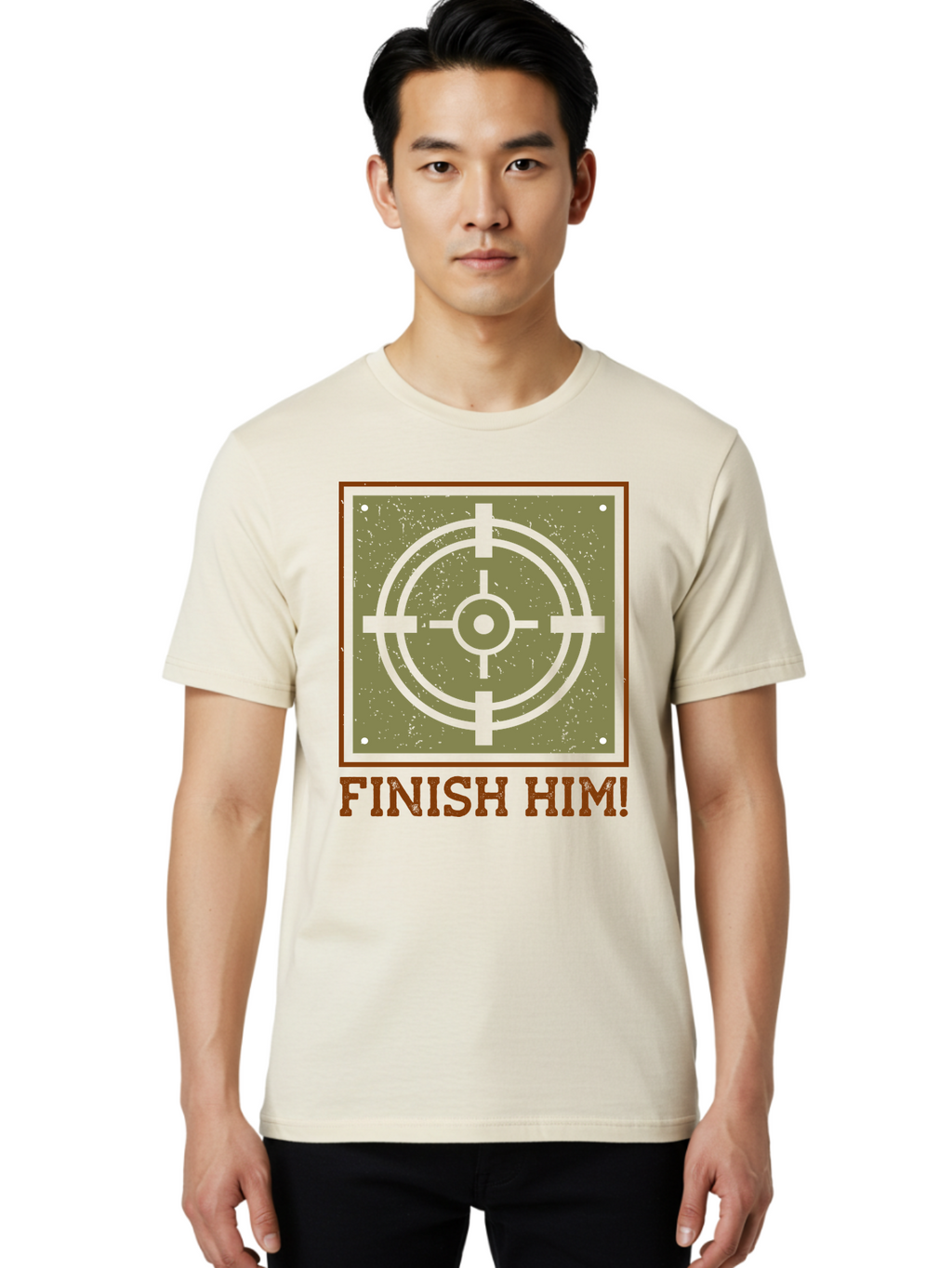 Finish-Him-Target Men'S Graphic Tee, 100% Cotton, Comfortable Casual Summer Wear, Machine Washable, Target Symbol, Bullseye, Combat Graphics, Finishing Move, Video Game Graphics, Intense Action, Fighting Games -  Aaa629