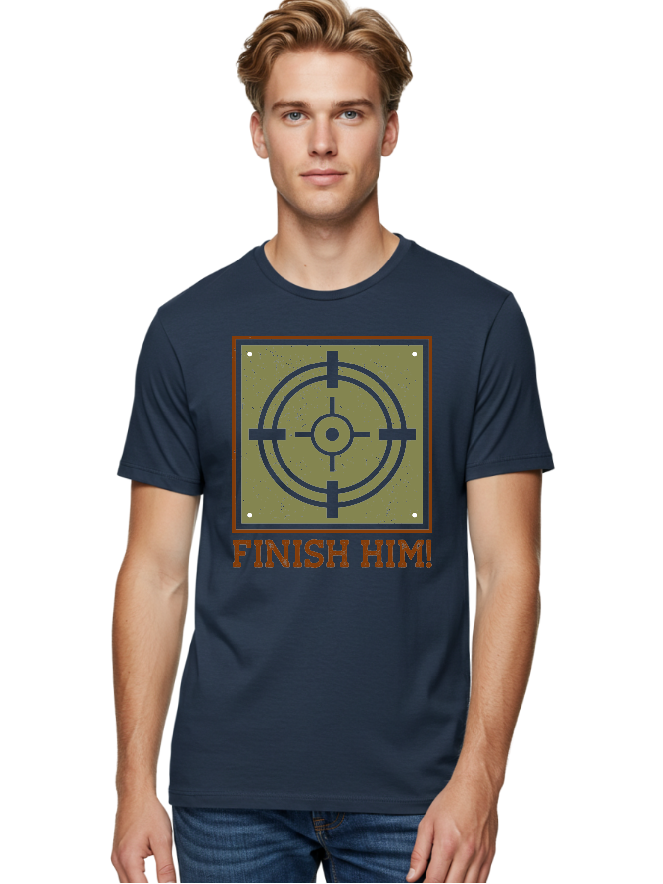 Finish-Him-Target Men'S Graphic Tee, 100% Cotton, Comfortable Casual Summer Wear, Machine Washable, Target Symbol, Bullseye, Combat Graphics, Finishing Move, Video Game Graphics, Intense Action, Fighting Games -  Aaa629