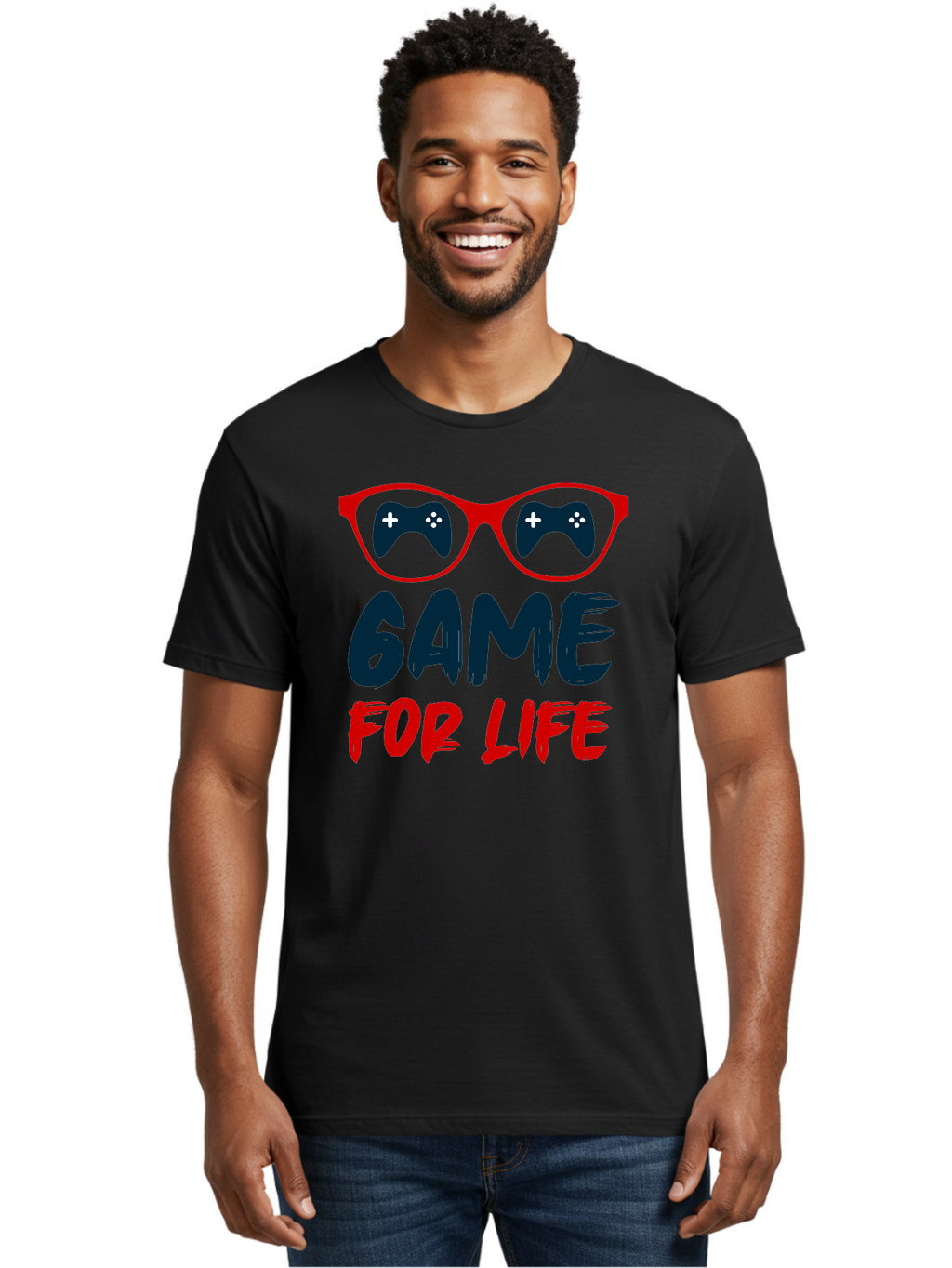 Game-For-Life Men'S Graphic Tee, 100% Cotton, Comfortable Casual Summer Wear, Machine Washable, Gaming Culture, Game Controllers, Video Games, Gamer Lifestyle, Game For Life, Gaming Community, Fun, Entertainment, Red Glasses -  Aaa630