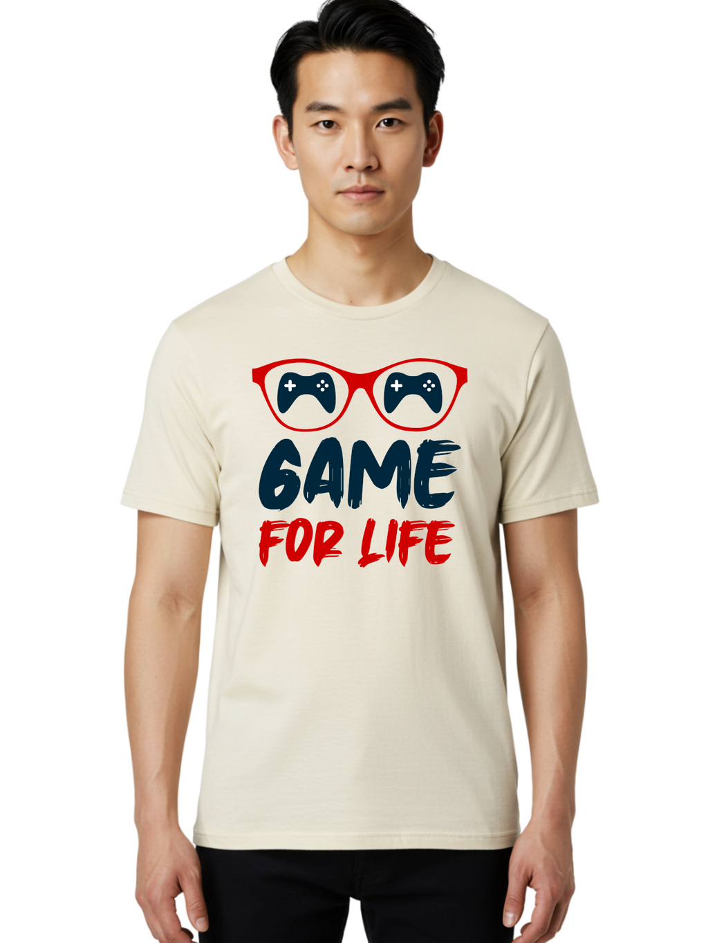 Game-For-Life Men'S Graphic Tee, 100% Cotton, Comfortable Casual Summer Wear, Machine Washable, Gaming Culture, Game Controllers, Video Games, Gamer Lifestyle, Game For Life, Gaming Community, Fun, Entertainment, Red Glasses -  Aaa630