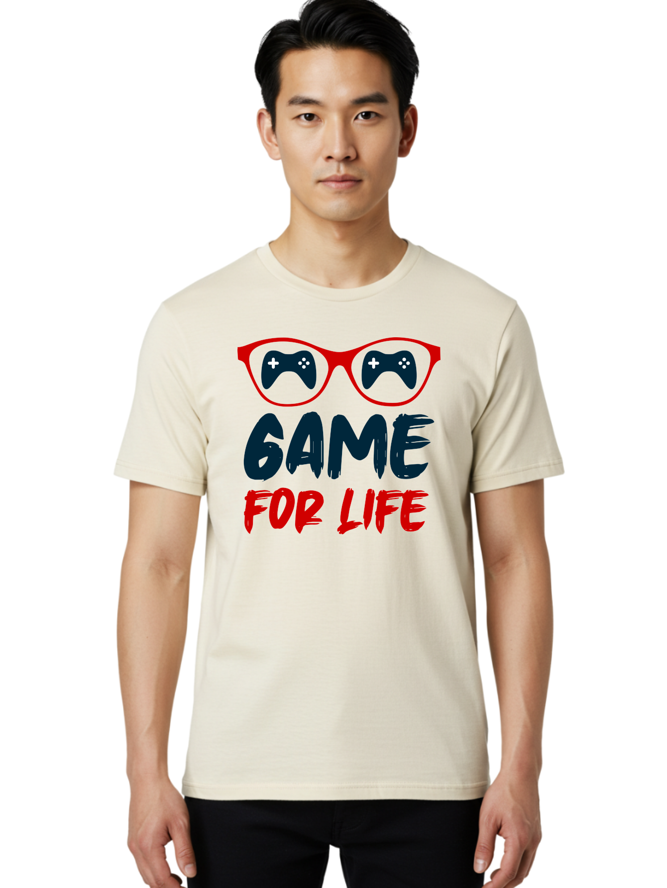 Game-For-Life Men'S Graphic Tee, 100% Cotton, Comfortable Casual Summer Wear, Machine Washable, Gaming Culture, Game Controllers, Video Games, Gamer Lifestyle, Game For Life, Gaming Community, Fun, Entertainment, Red Glasses -  Aaa630