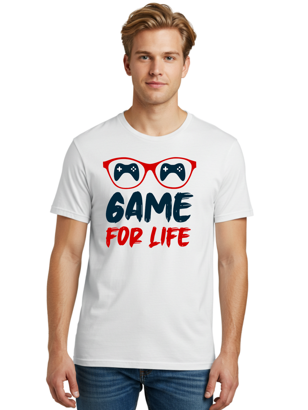 Game-For-Life Men'S Graphic Tee, 100% Cotton, Comfortable Casual Summer Wear, Machine Washable, Gaming Culture, Game Controllers, Video Games, Gamer Lifestyle, Game For Life, Gaming Community, Fun, Entertainment, Red Glasses -  Aaa630