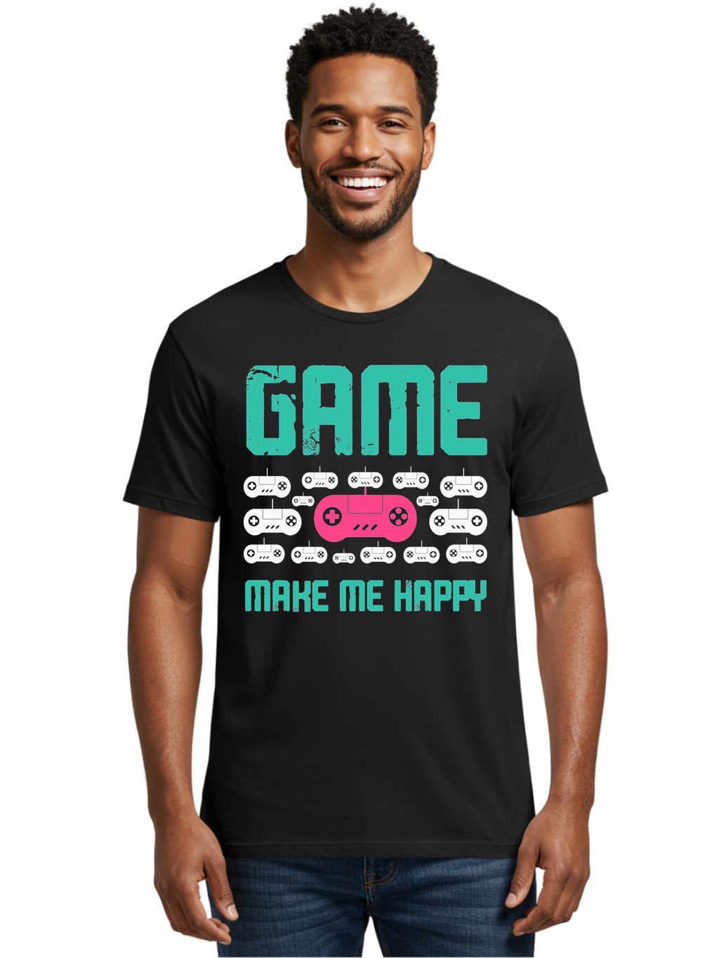 Game-Make-Me-Happy Men'S Graphic Tee, 100% Cotton, Comfortable Casual Summer Wear, Machine Washable, Gaming Controller, Gamepad, Video Games, Gaming Accessories, Positive Vibes, Happiness, Gaming, Make Me Happy -  Aaa631