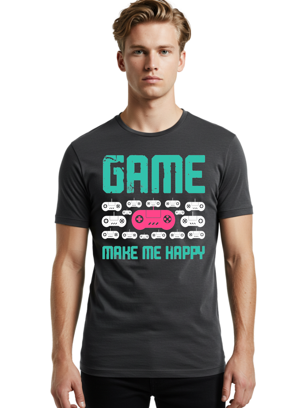 Game-Make-Me-Happy Men'S Graphic Tee, 100% Cotton, Comfortable Casual Summer Wear, Machine Washable, Gaming Controller, Gamepad, Video Games, Gaming Accessories, Positive Vibes, Happiness, Gaming, Make Me Happy -  Aaa631