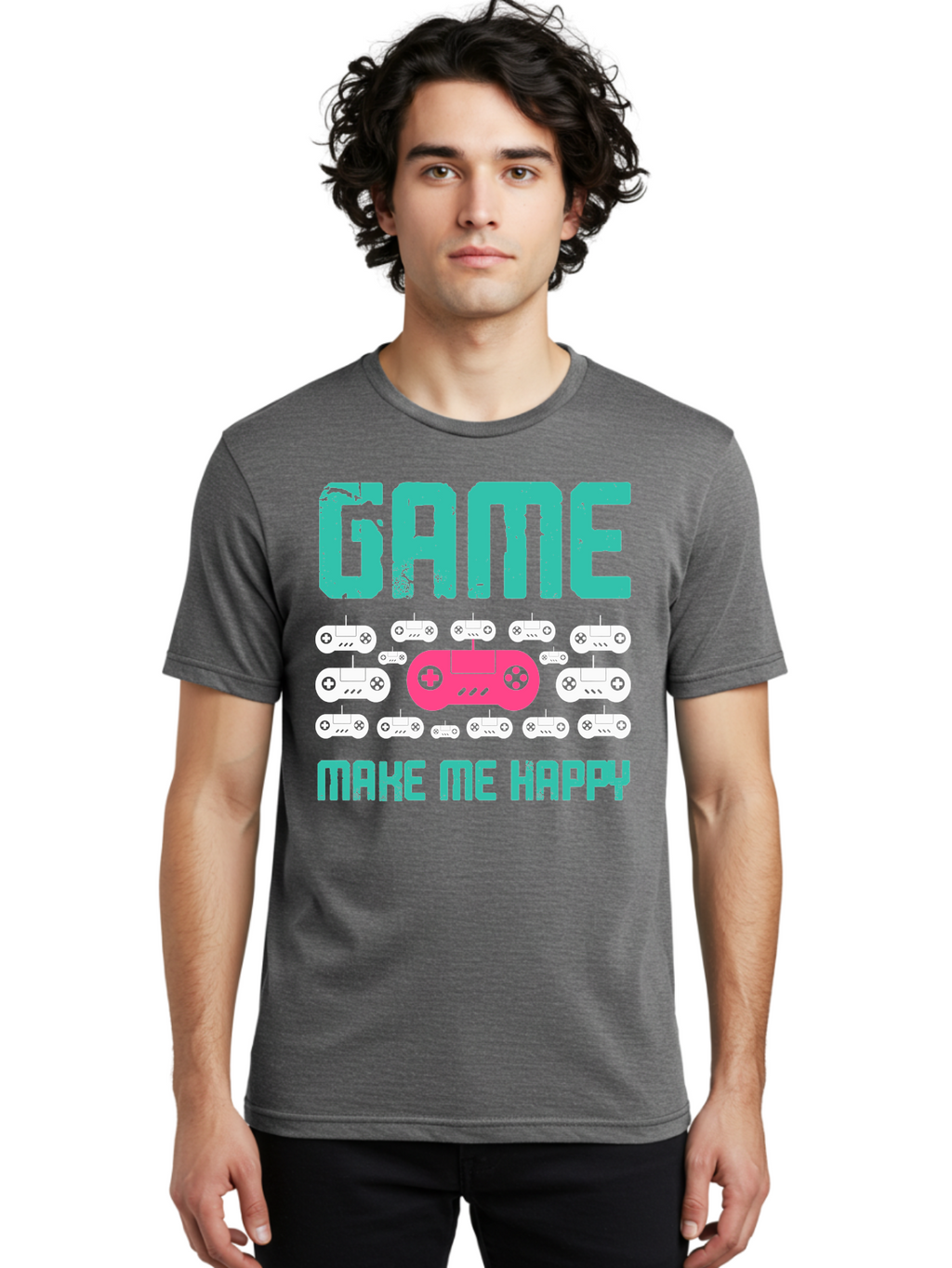 Game-Make-Me-Happy Men'S Graphic Tee, 100% Cotton, Comfortable Casual Summer Wear, Machine Washable, Gaming Controller, Gamepad, Video Games, Gaming Accessories, Positive Vibes, Happiness, Gaming, Make Me Happy -  Aaa631