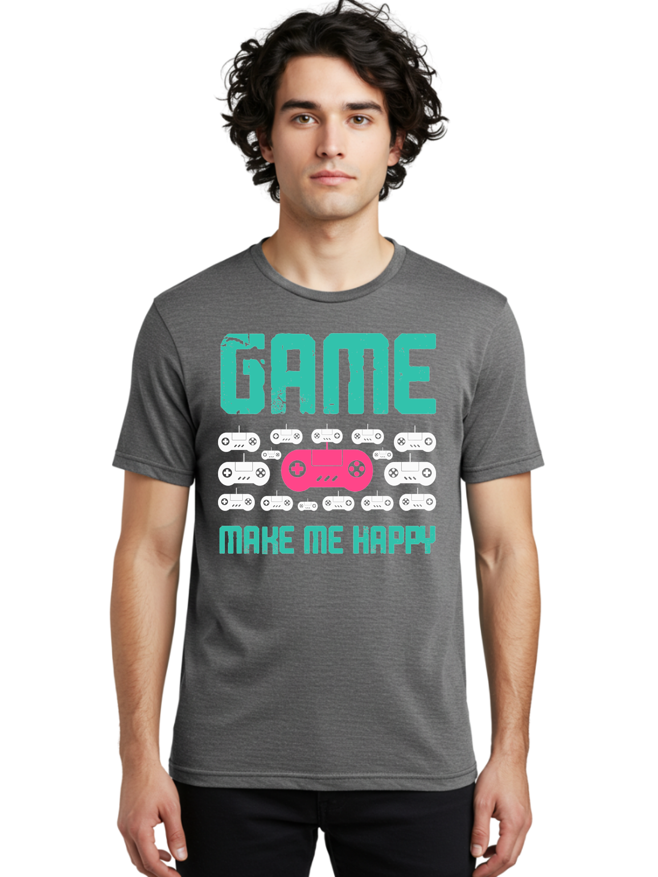 Game-Make-Me-Happy Men'S Graphic Tee, 100% Cotton, Comfortable Casual Summer Wear, Machine Washable, Gaming Controller, Gamepad, Video Games, Gaming Accessories, Positive Vibes, Happiness, Gaming, Make Me Happy -  Aaa631