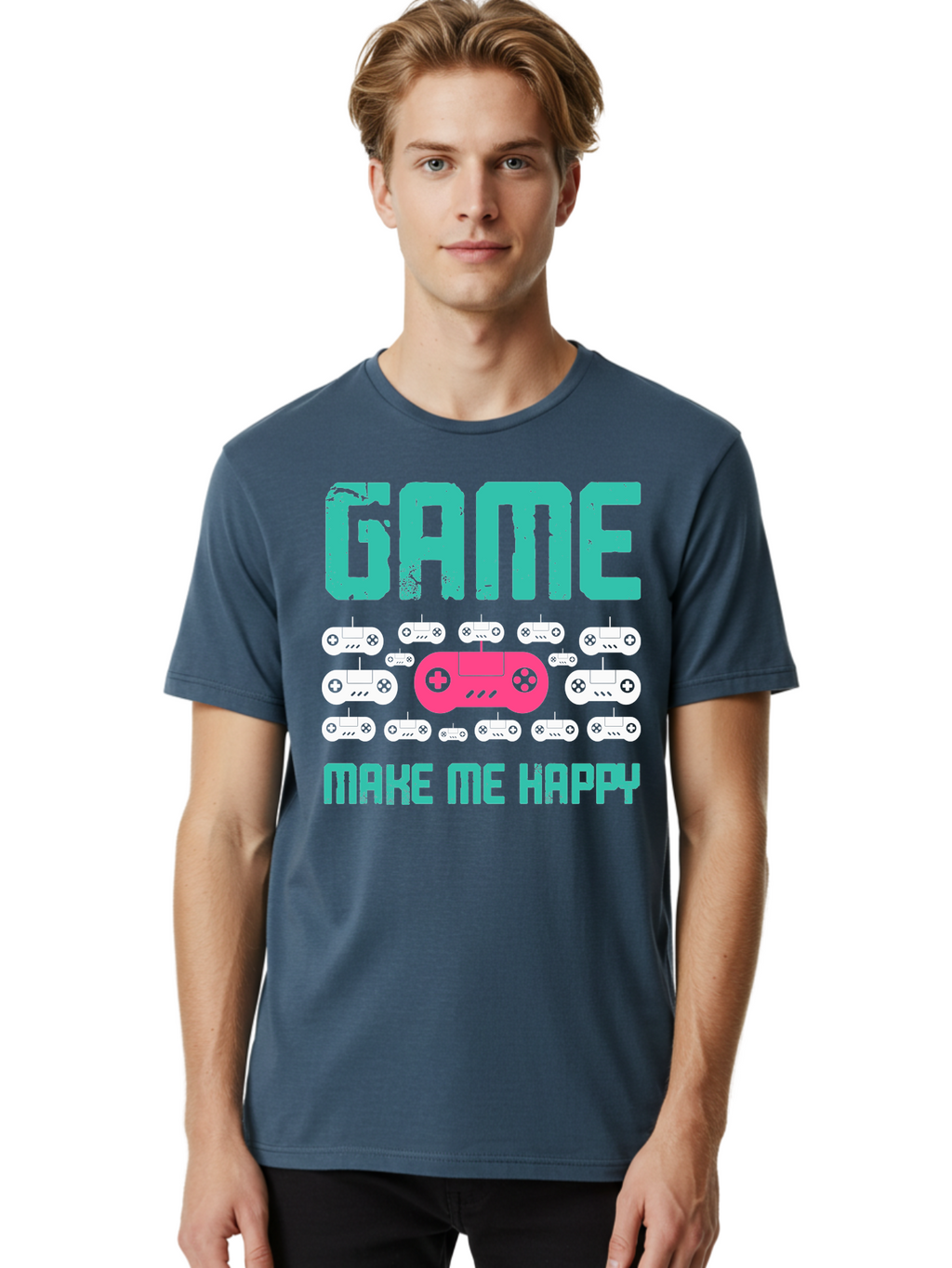Game-Make-Me-Happy Men'S Graphic Tee, 100% Cotton, Comfortable Casual Summer Wear, Machine Washable, Gaming Controller, Gamepad, Video Games, Gaming Accessories, Positive Vibes, Happiness, Gaming, Make Me Happy -  Aaa631
