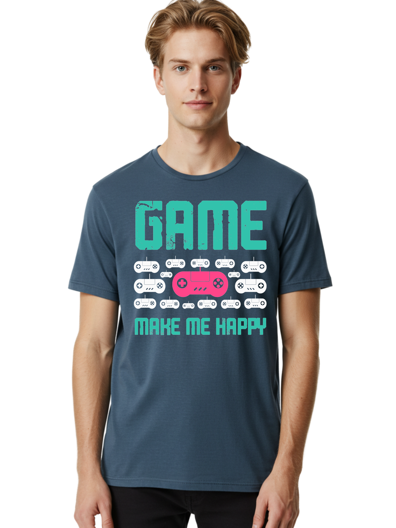 Game-Make-Me-Happy Men'S Graphic Tee, 100% Cotton, Comfortable Casual Summer Wear, Machine Washable, Gaming Controller, Gamepad, Video Games, Gaming Accessories, Positive Vibes, Happiness, Gaming, Make Me Happy -  Aaa631