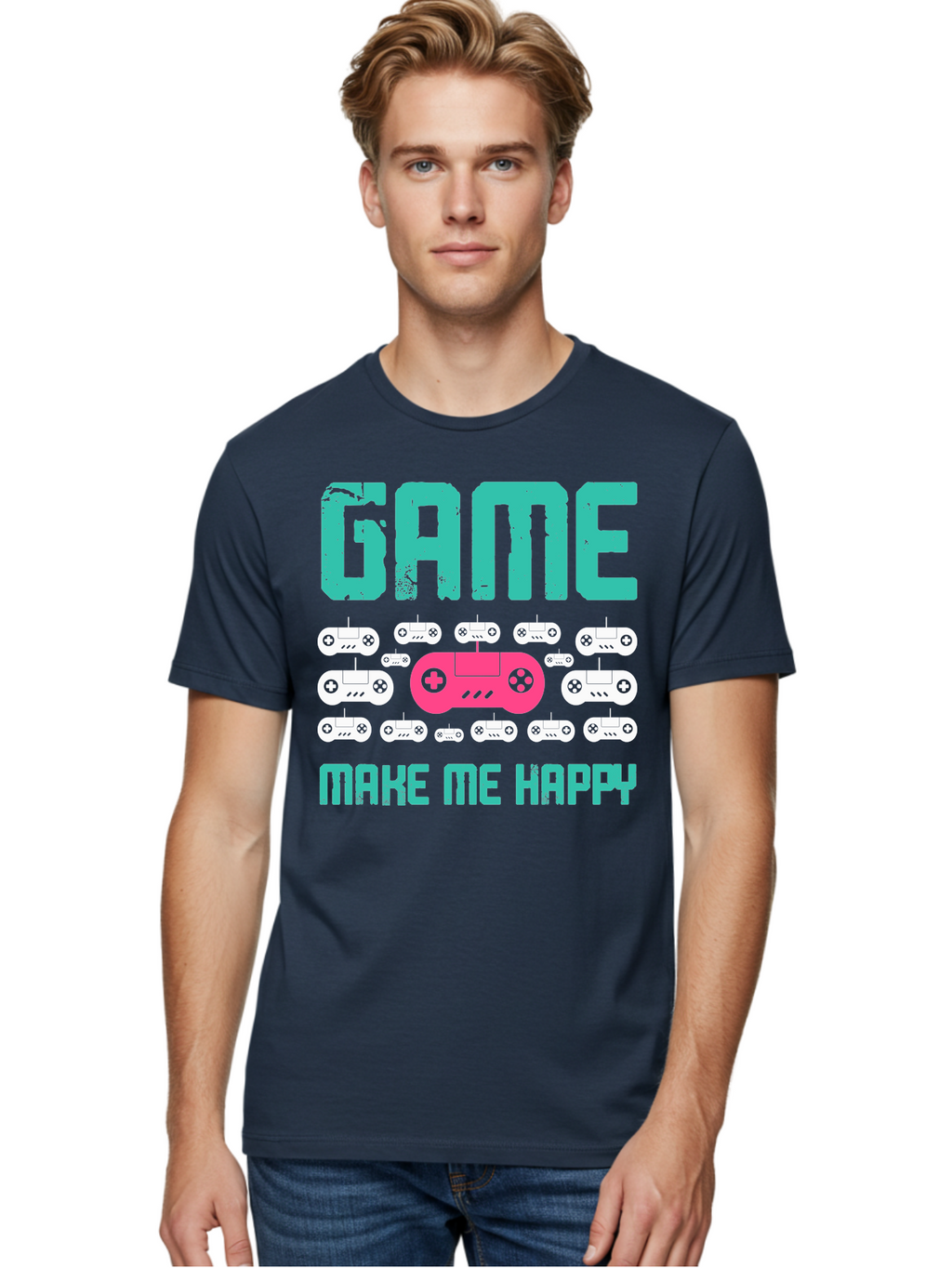 Game-Make-Me-Happy Men'S Graphic Tee, 100% Cotton, Comfortable Casual Summer Wear, Machine Washable, Gaming Controller, Gamepad, Video Games, Gaming Accessories, Positive Vibes, Happiness, Gaming, Make Me Happy -  Aaa631