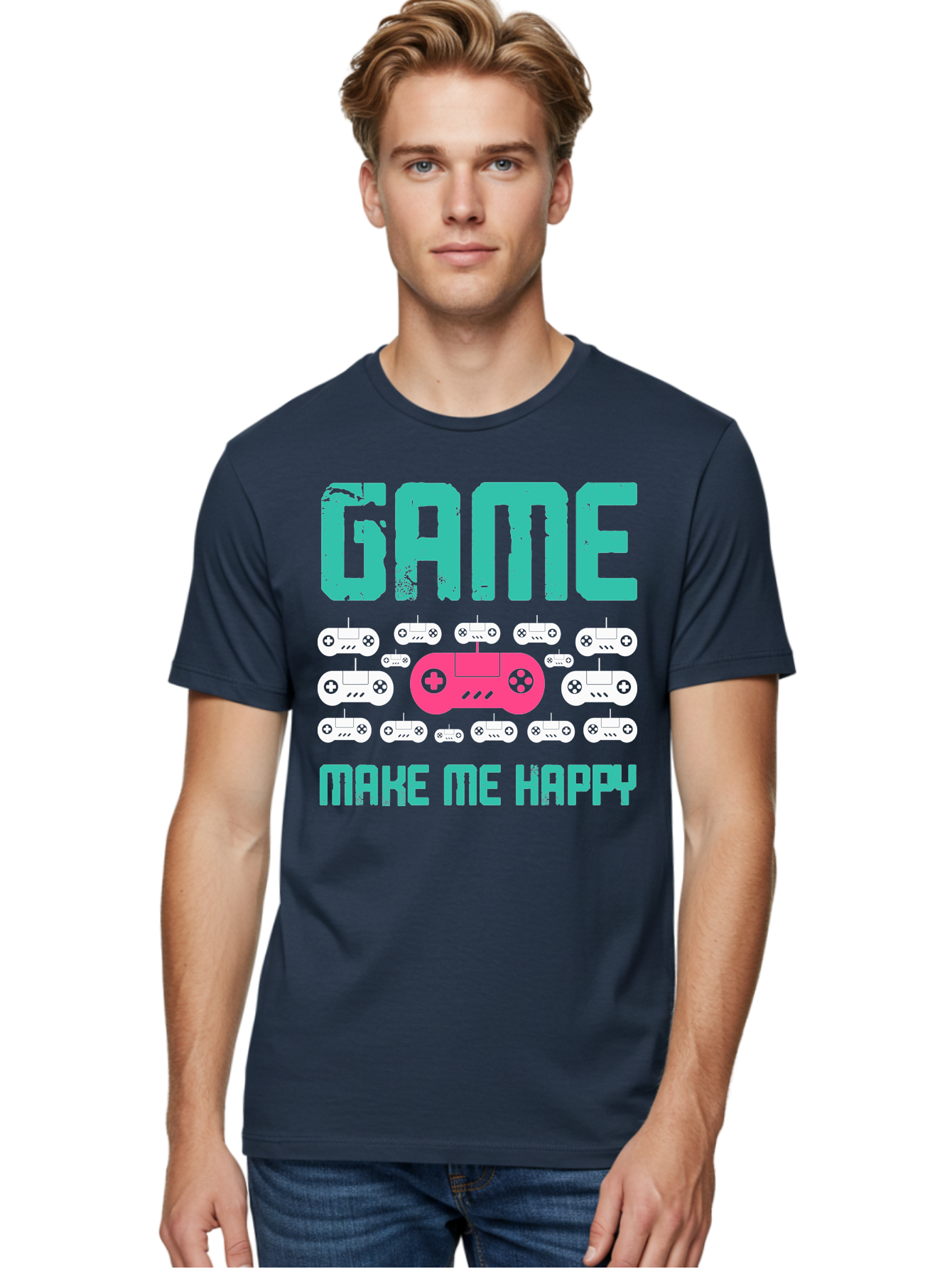 Game-Make-Me-Happy Men'S Graphic Tee, 100% Cotton, Comfortable Casual Summer Wear, Machine Washable, Gaming Controller, Gamepad, Video Games, Gaming Accessories, Positive Vibes, Happiness, Gaming, Make Me Happy -  Aaa631